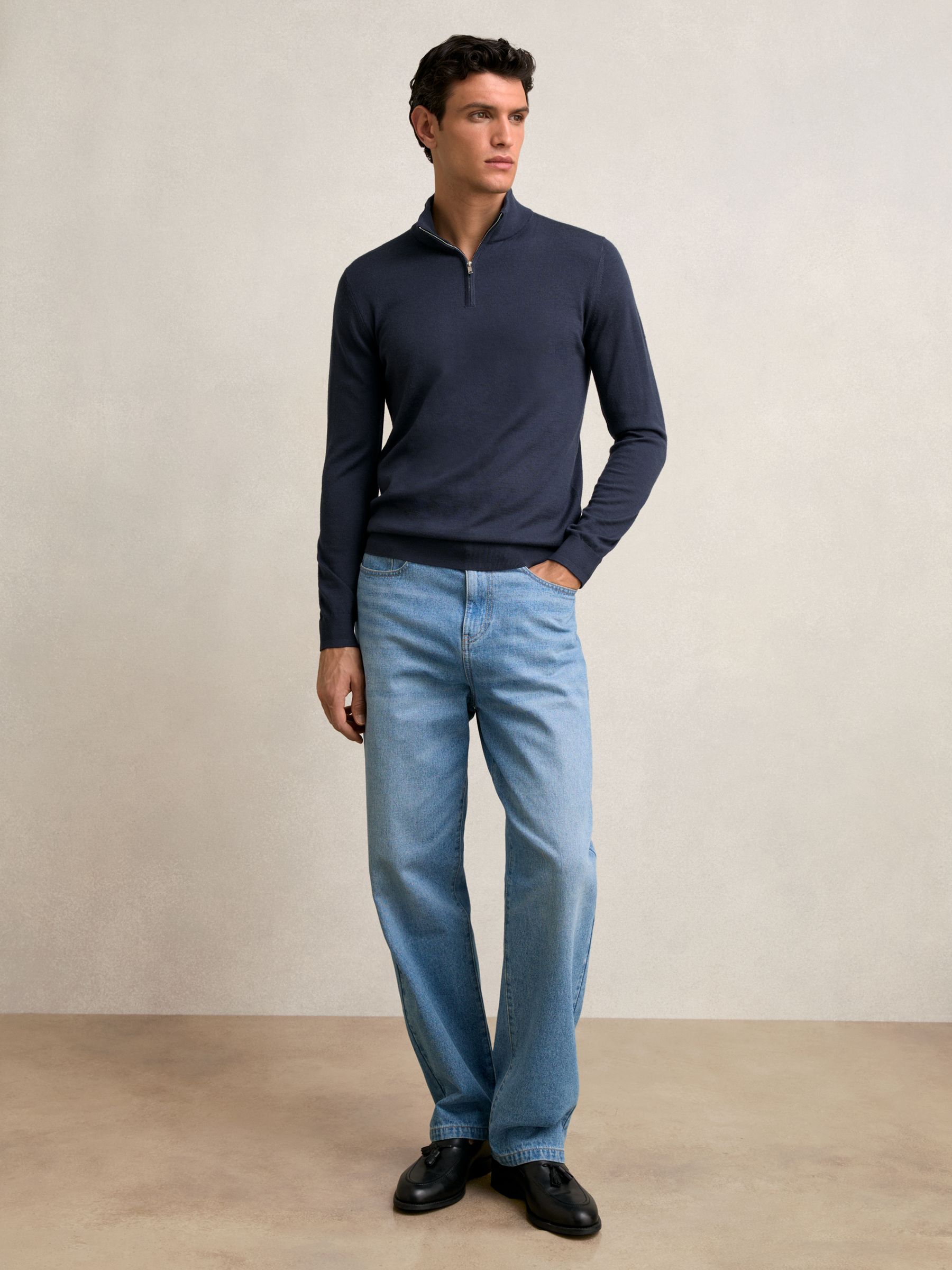 Merino Wool Half-Zip Funnel Neck Jumper in Midnight Navy