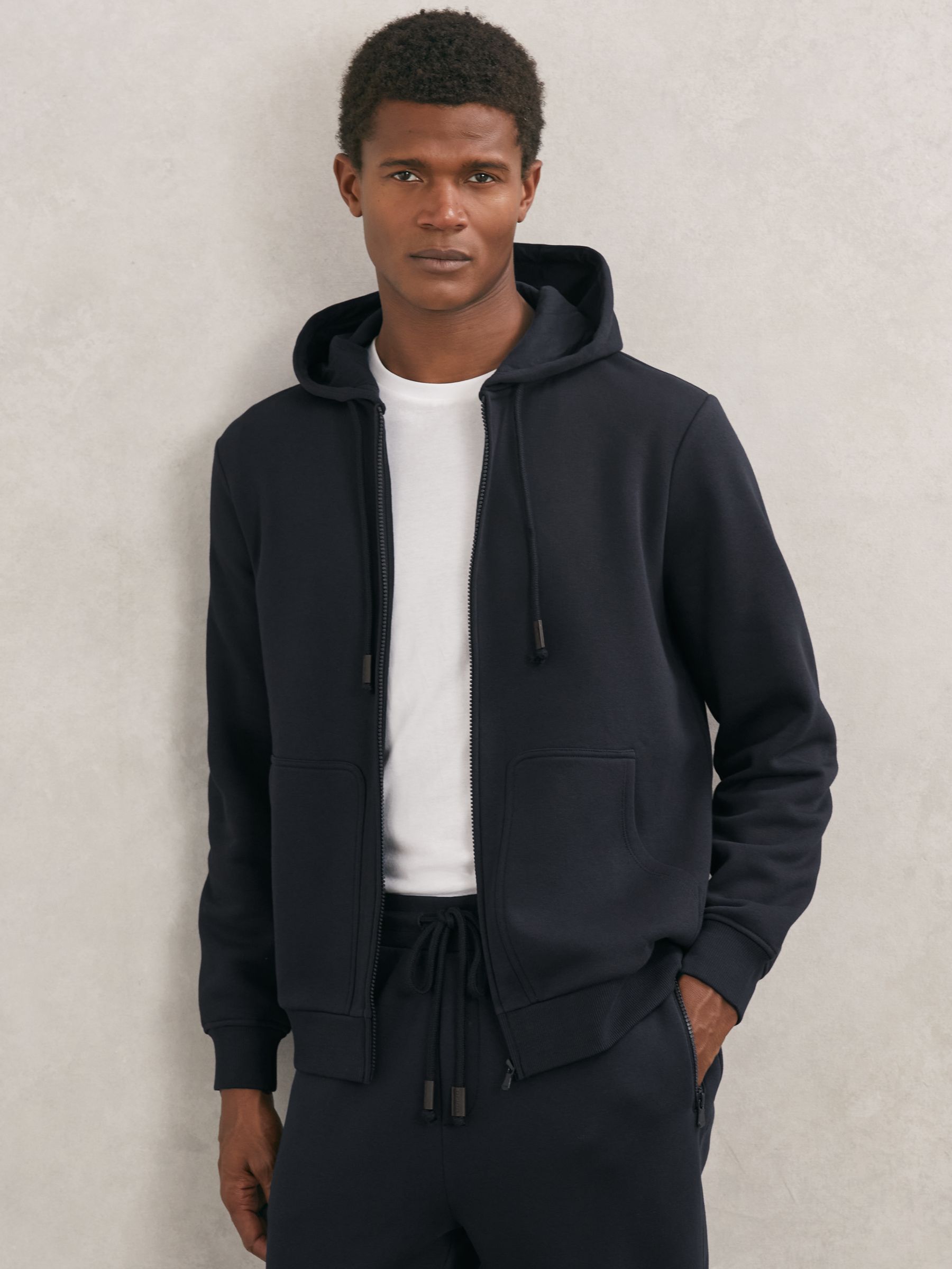 Cotton-Blend Zip-Through Hoodie in Navy