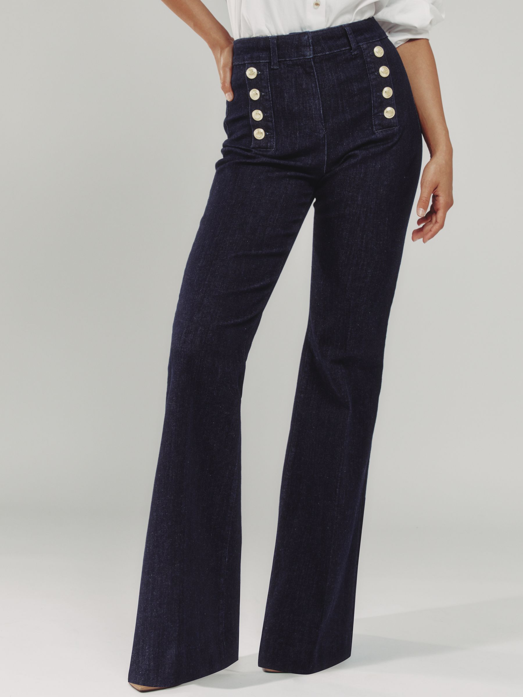 Petite Button-Detail High-Rise Flared Jeans in Dark Blue