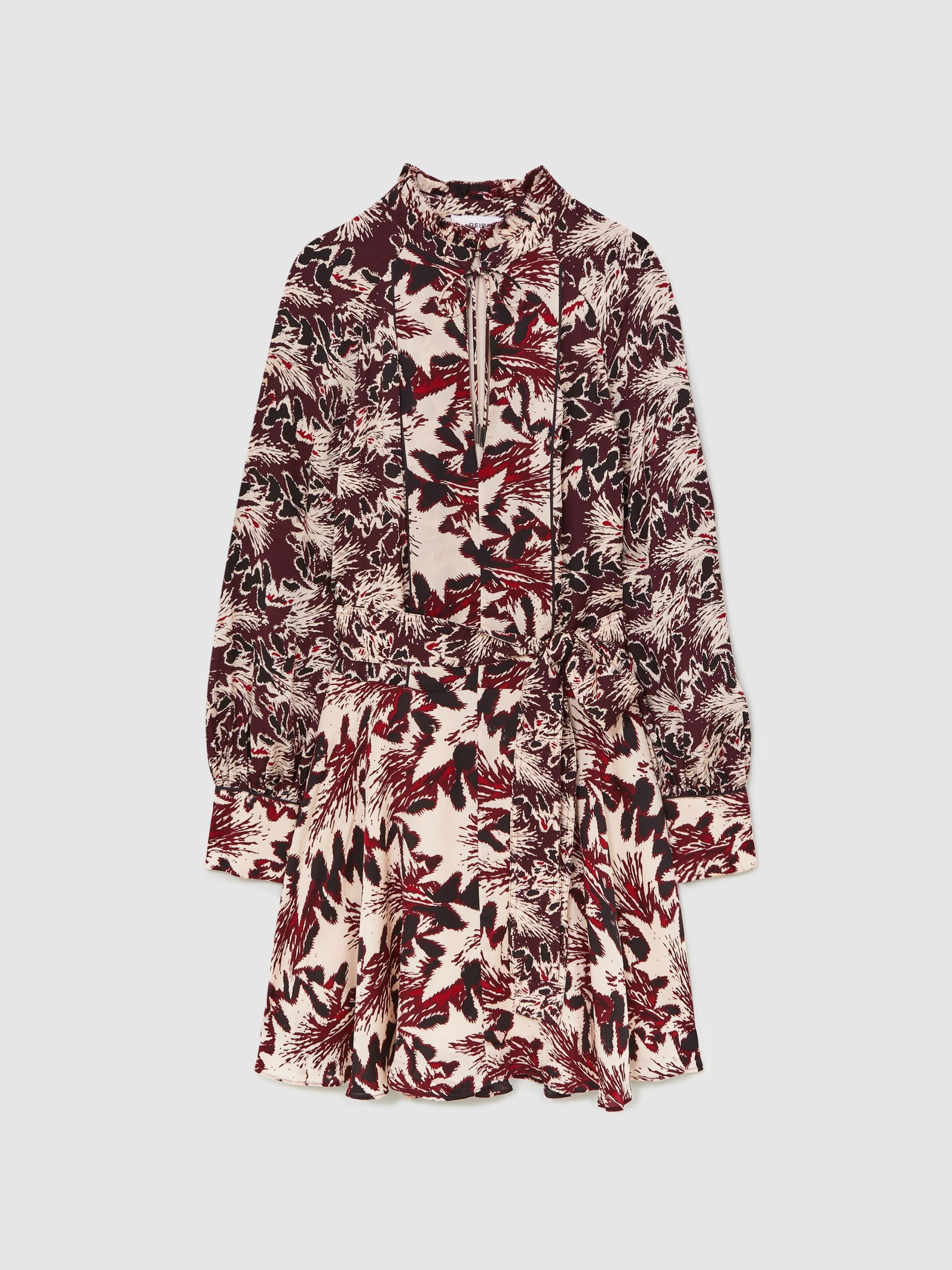 Printed Tie-Waist Flippy Mini Dress in Burgundy/Cream