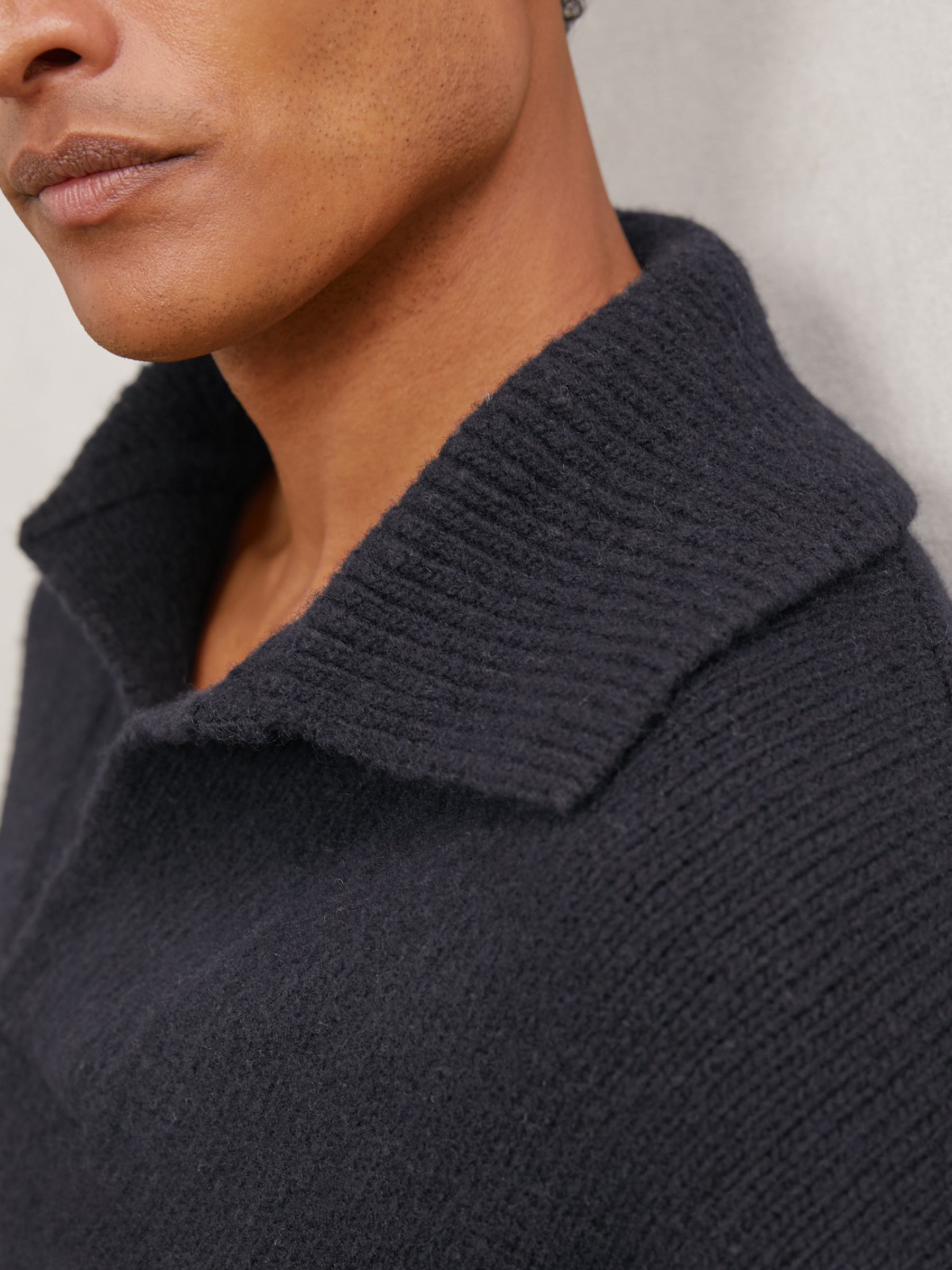 Wool-Blend Relaxed Open-Collar Jumper in Navy