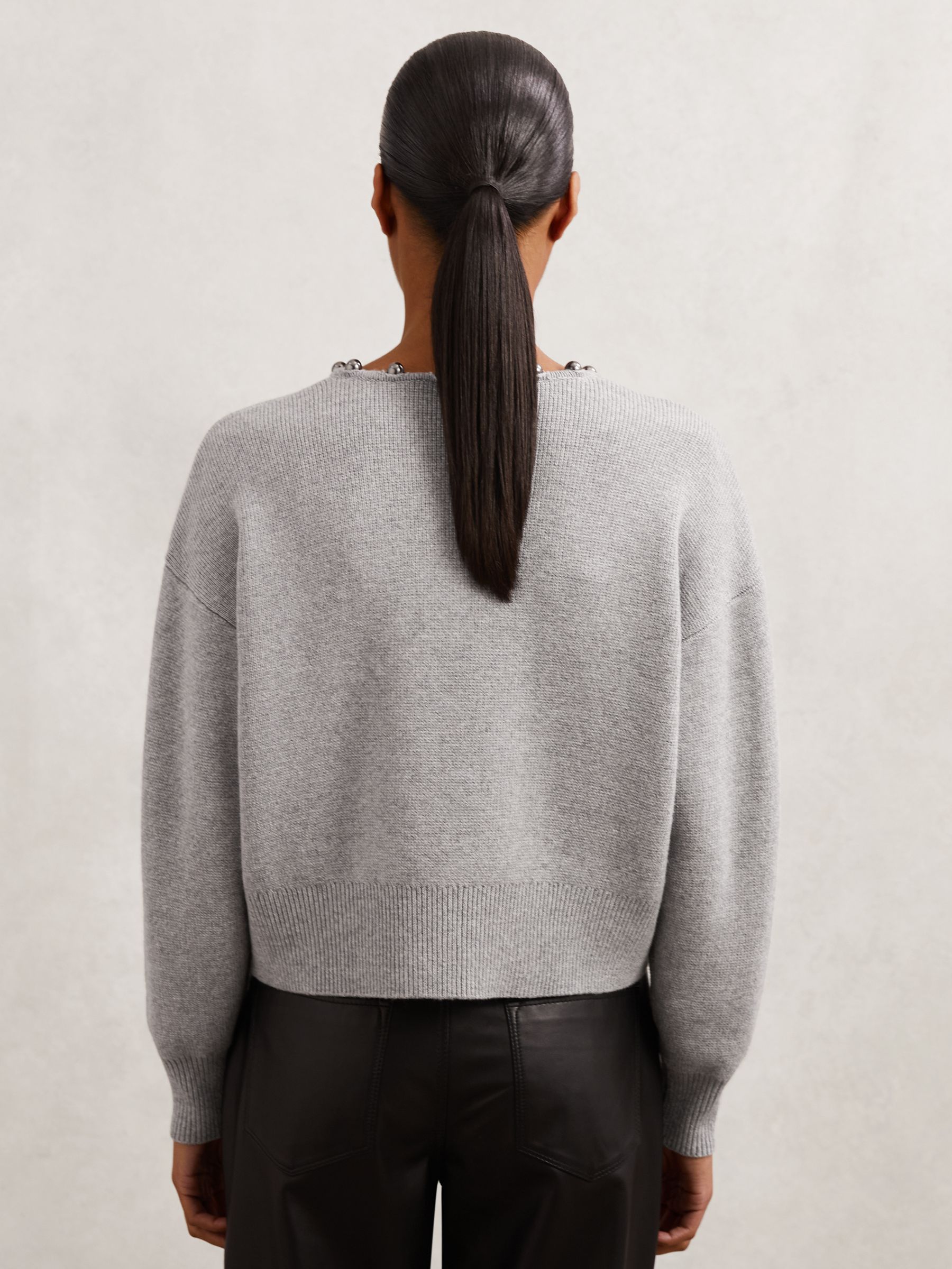 Wool-Blend Beaded-Trim Cardigan With Cashmere in Grey