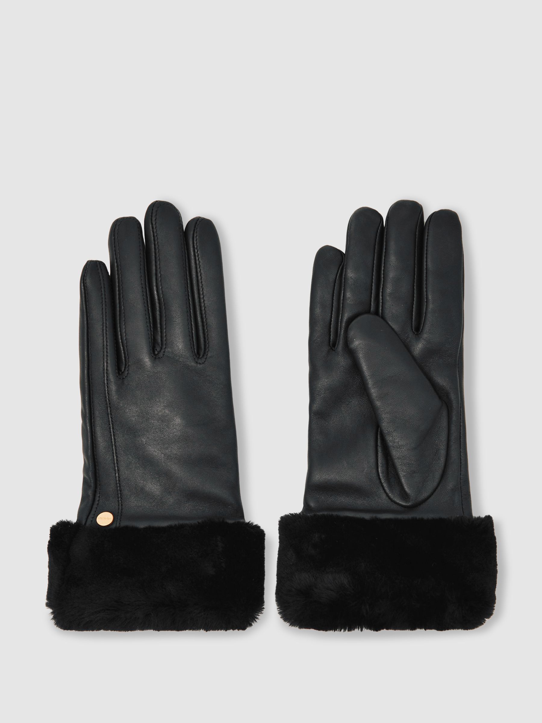 Shearling Cuff Leather Gloves in Black