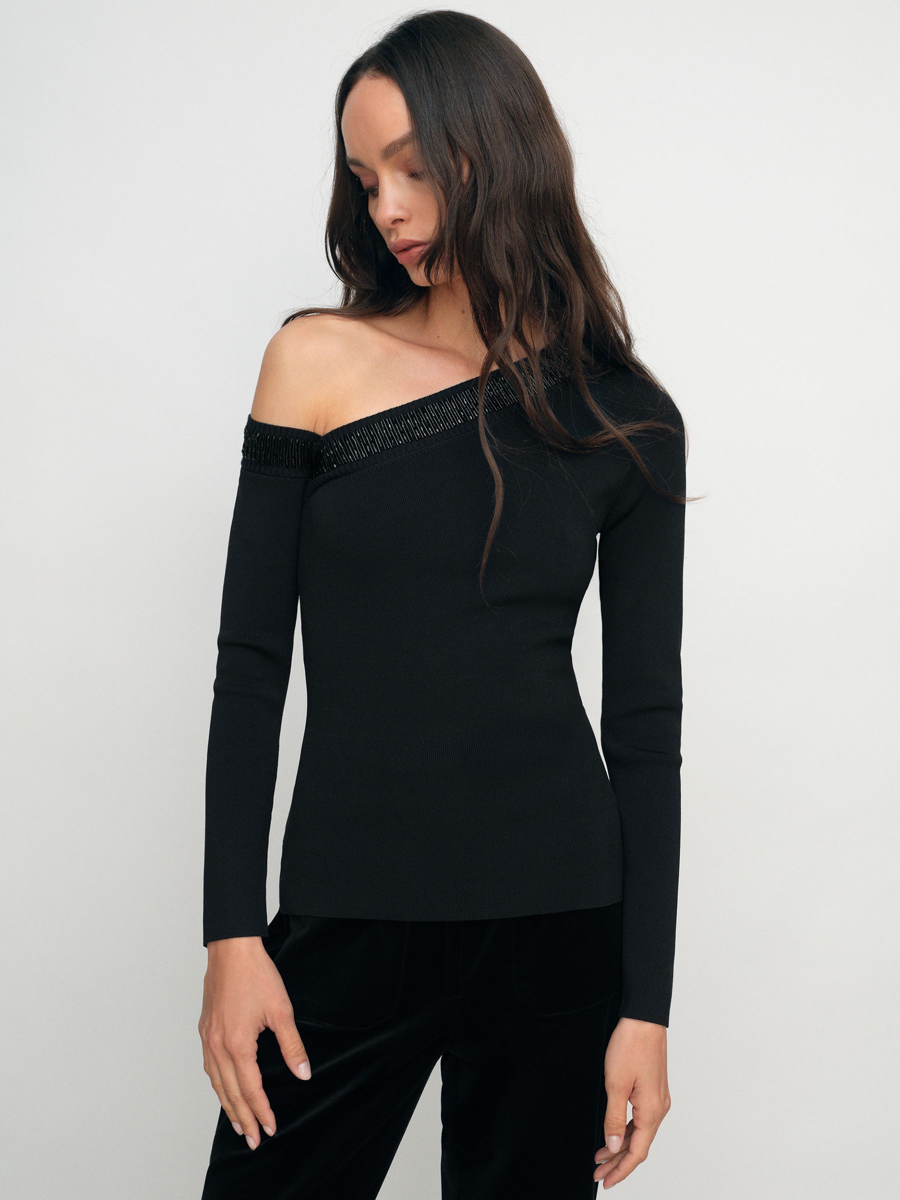Bead-Detail Off-Shoulder Knit Top in Black