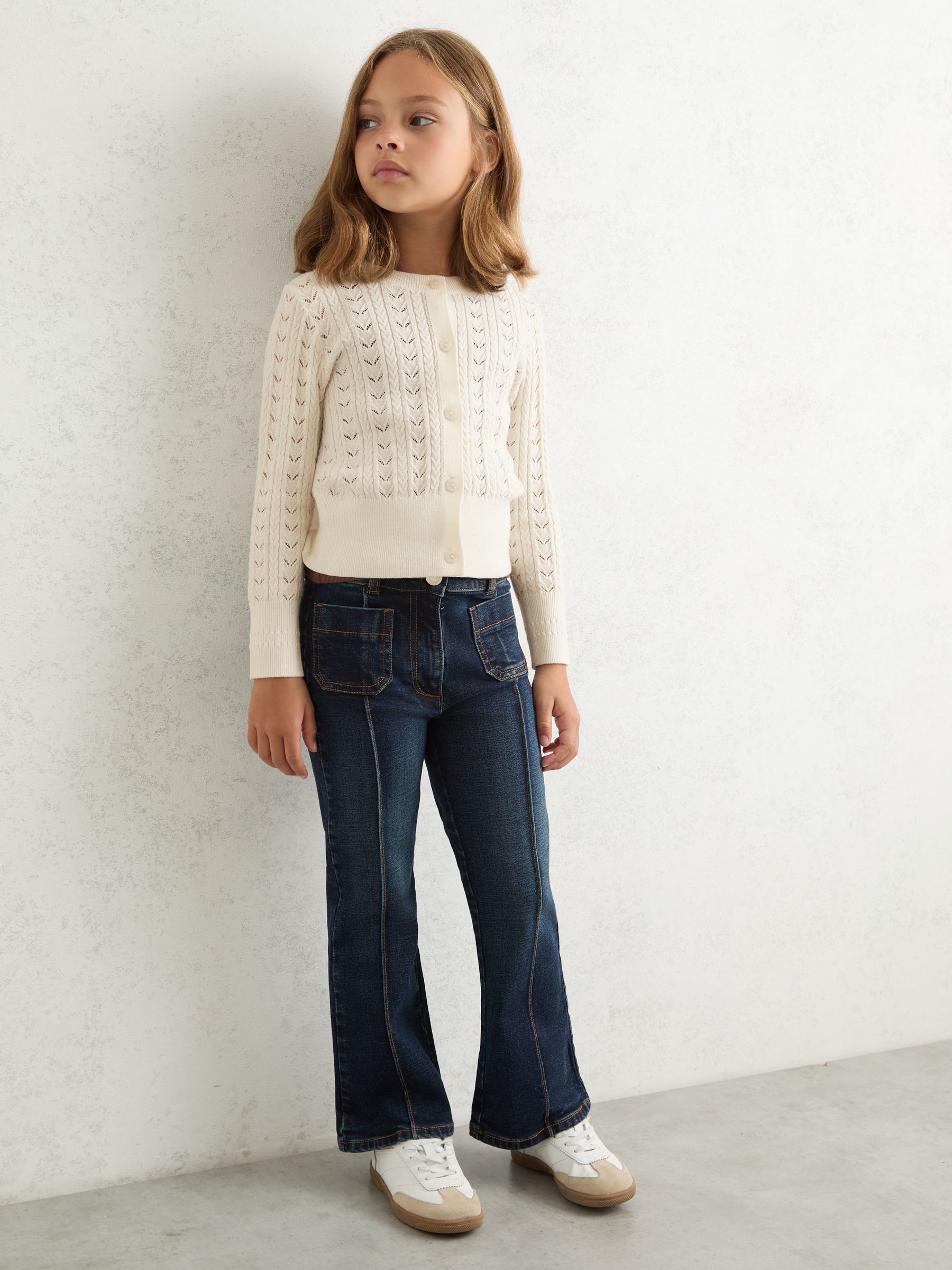 13-14 yrs Wool-Cotton Pointelle Cardigan in Ivory