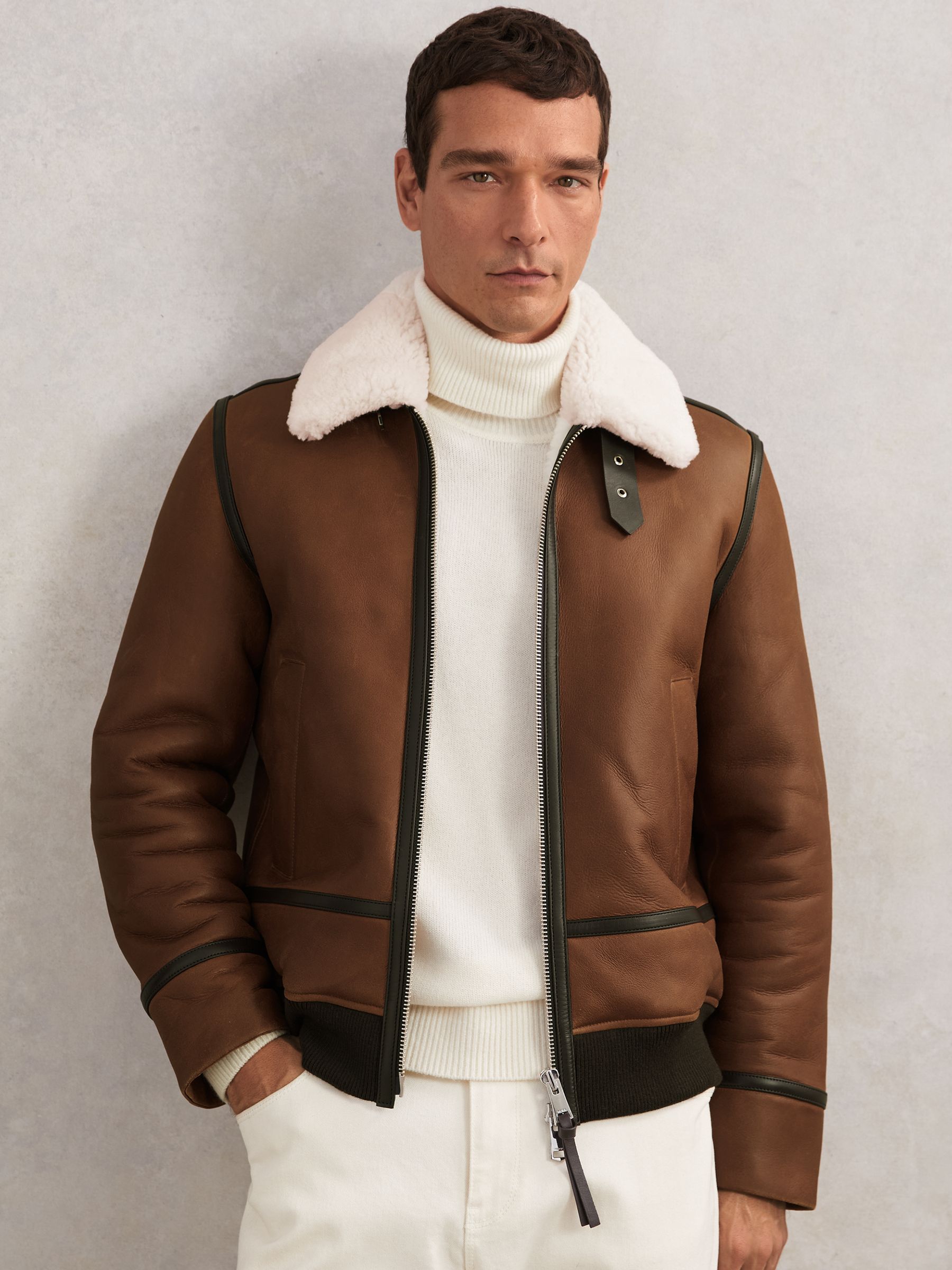 Leather Shearling-Collar Jacket in Cognac Brown