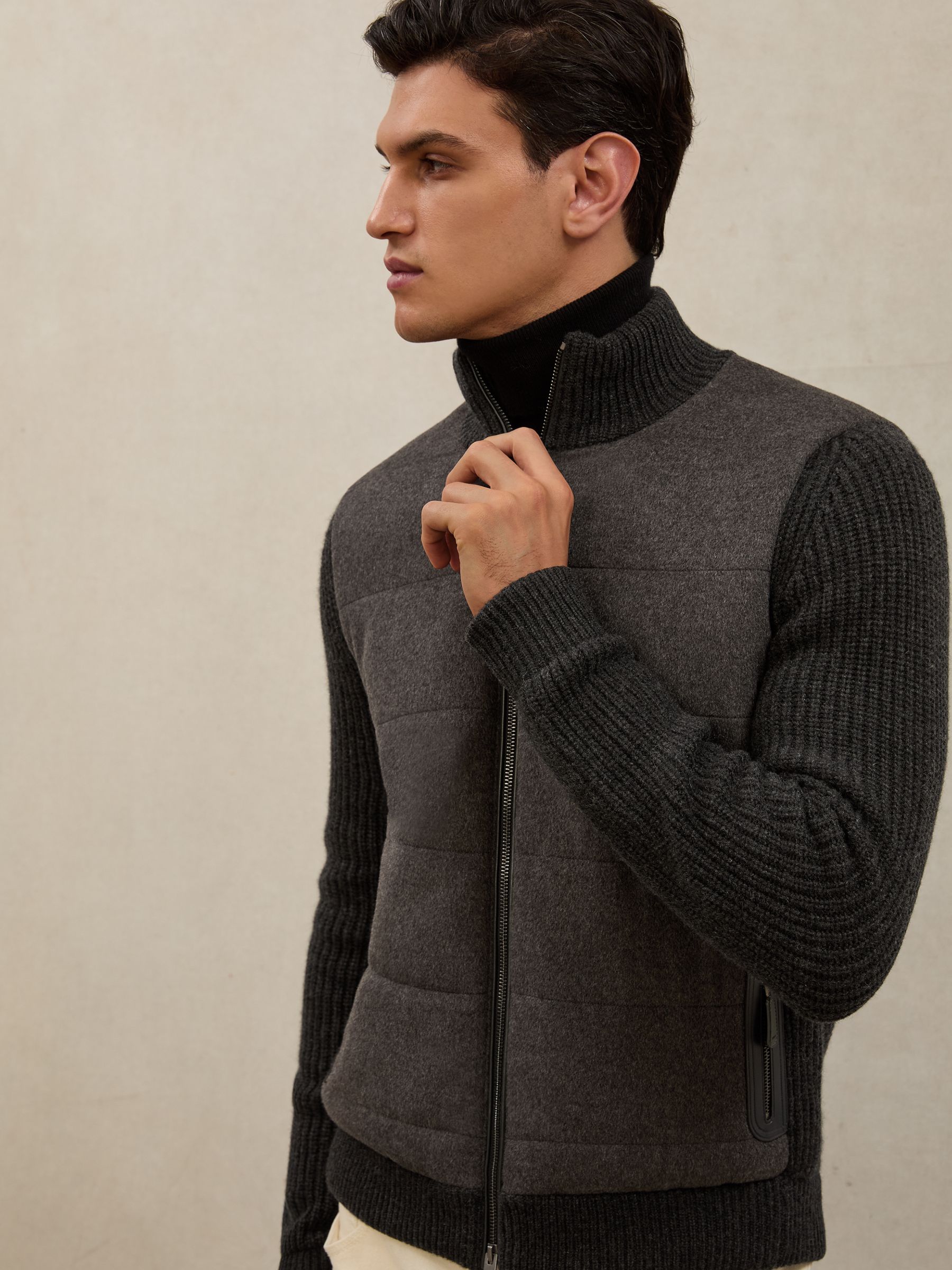 Atelier Quilted Cashmere Zip Jacket in Charcoal Grey