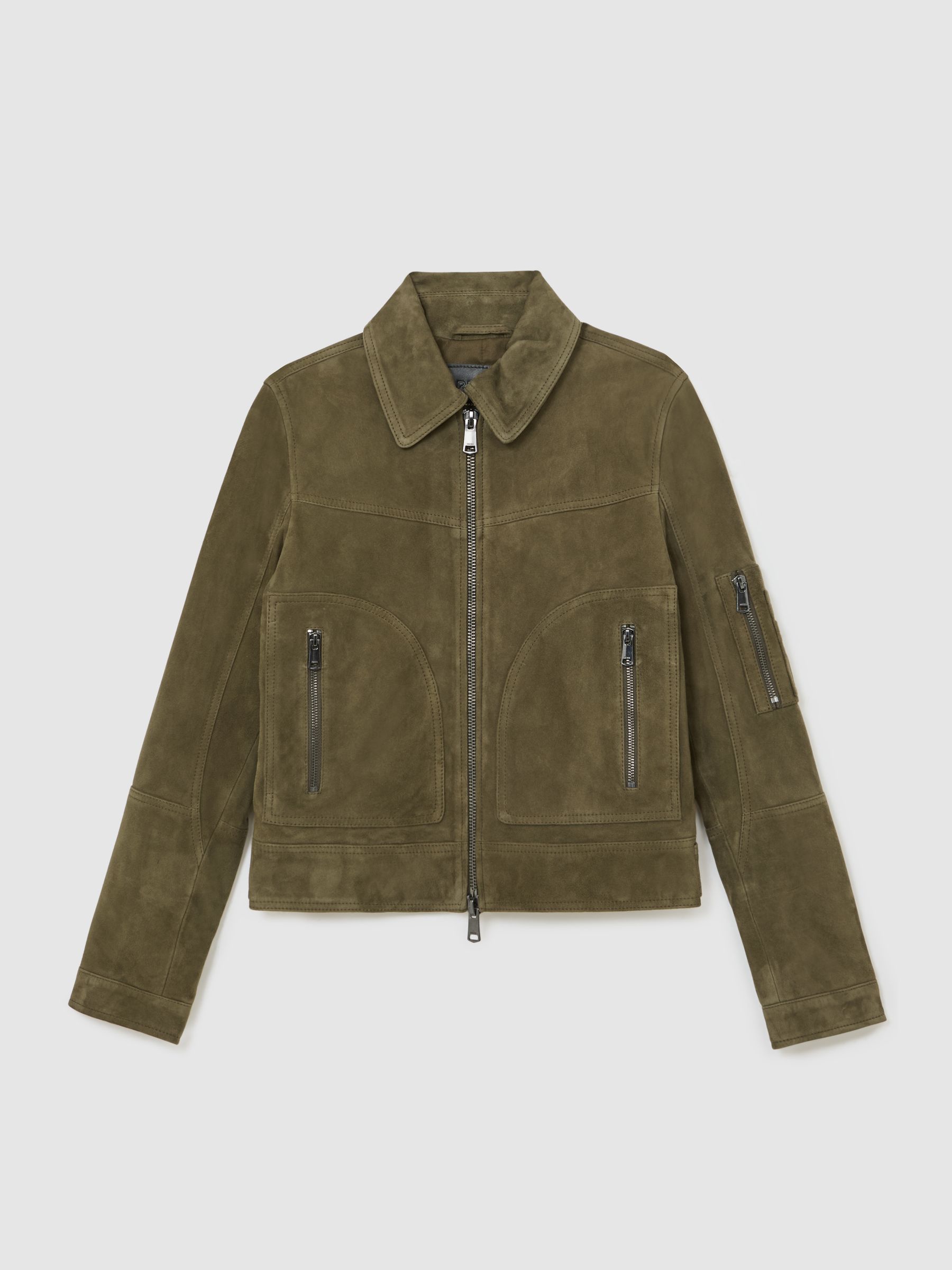Suede Zip-Through Jacket in Khaki Green