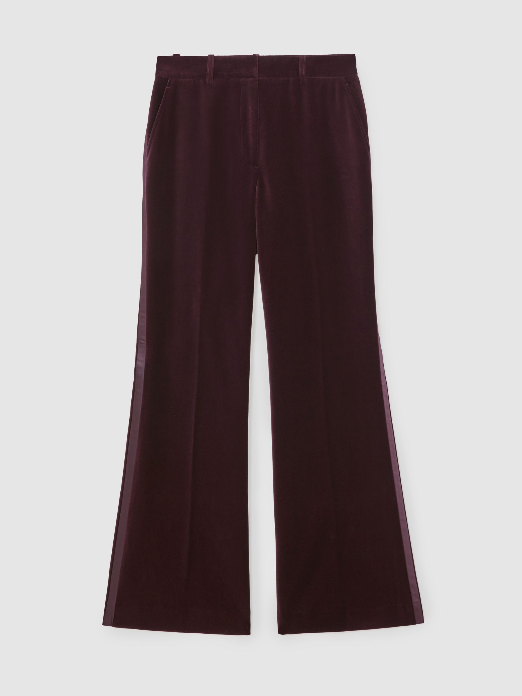 Petite Velvet Tuxedo-Stripe Flared Trousers in Burgundy