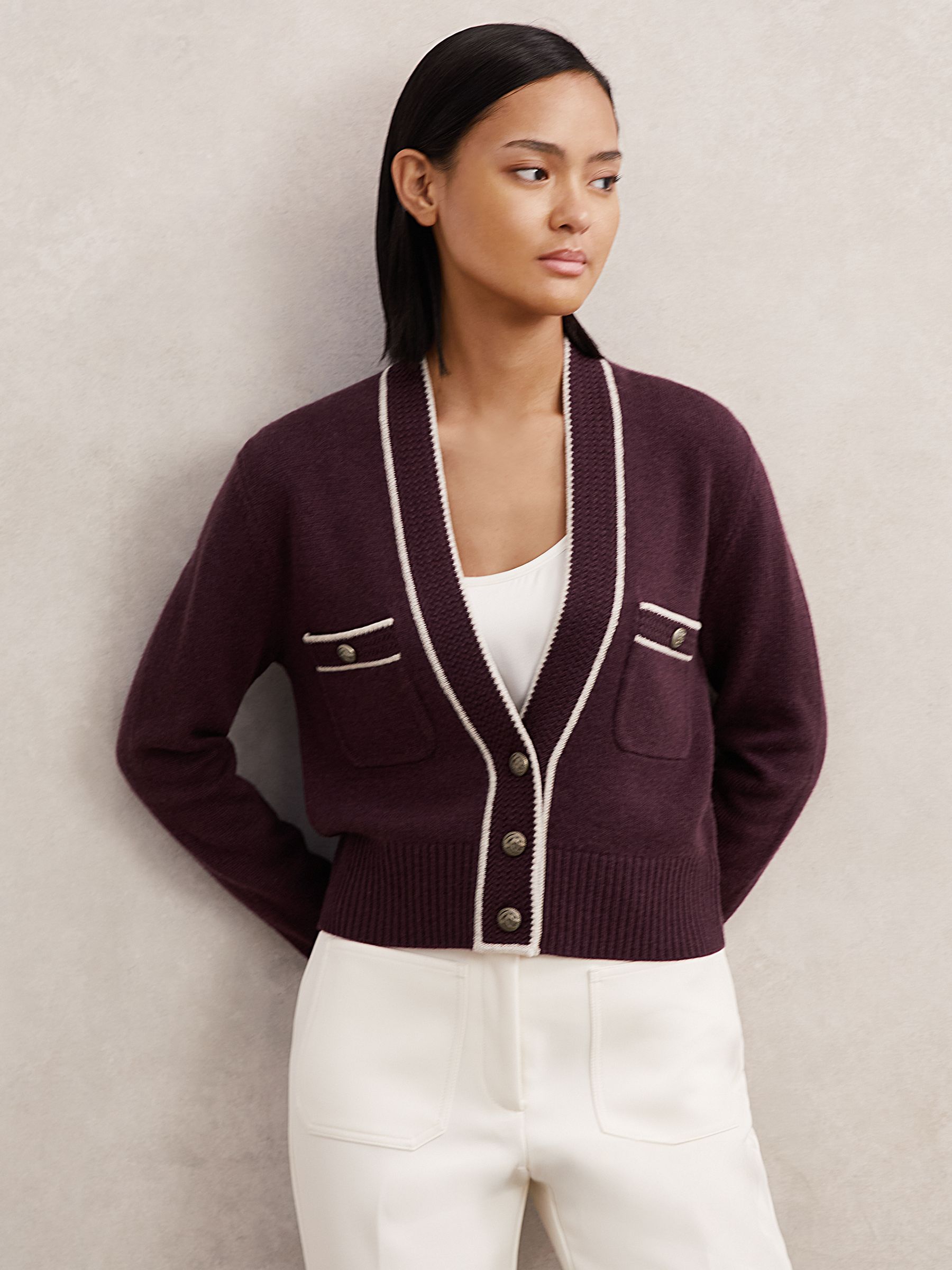 Wool-Cashmere Tipped V-Neck Cardigan in Charcoal