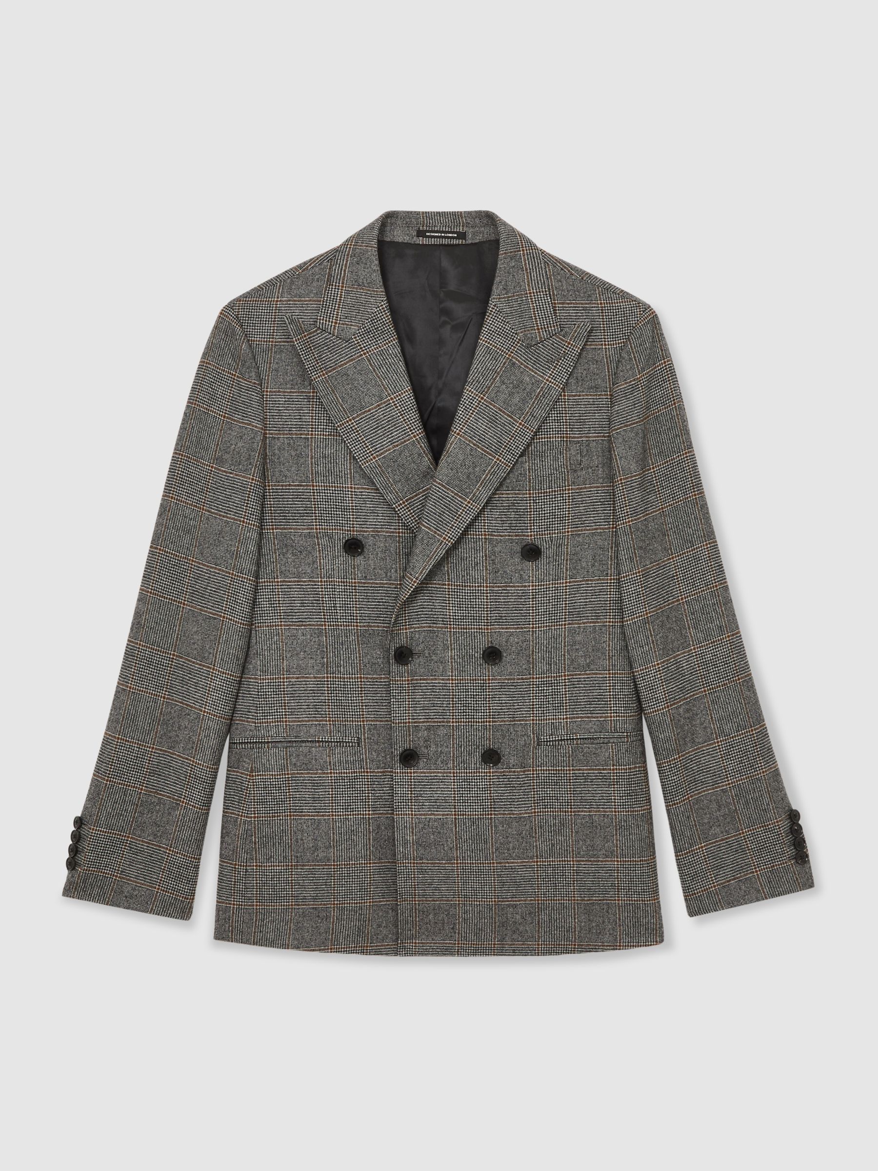 Wool Double-Breasted Check Suit Blazer Tailored-Fit in Charcoal Grey