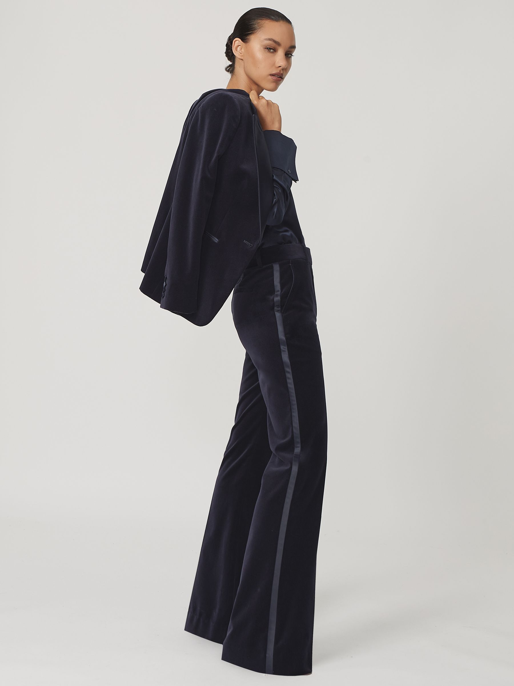 Petite Velvet Satin-Stripe Flared Trousers in Navy