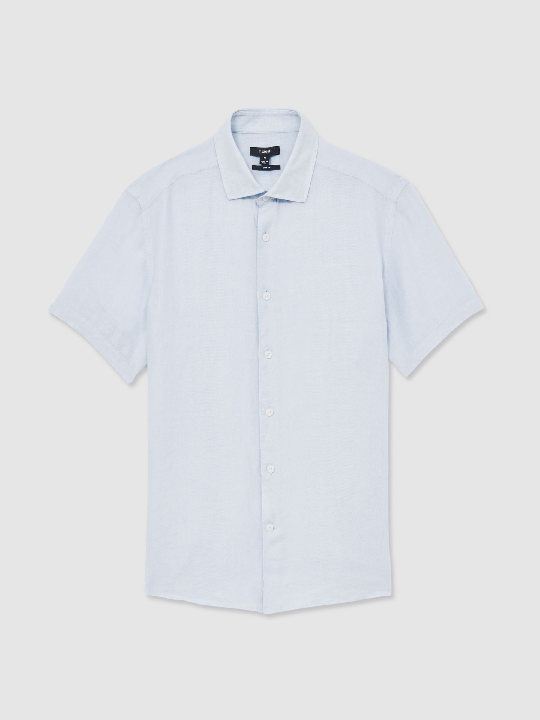 Slim Fit Linen Button-Through Shirt in Pale Blue