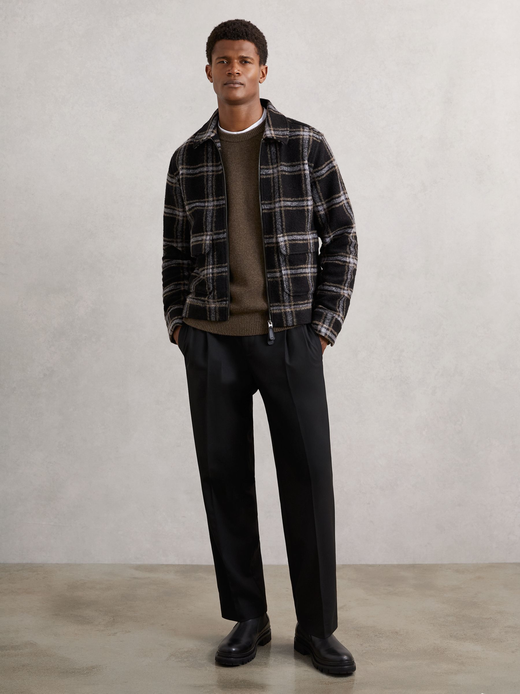 Zip-Through Check Overshirt with Wool in Navy