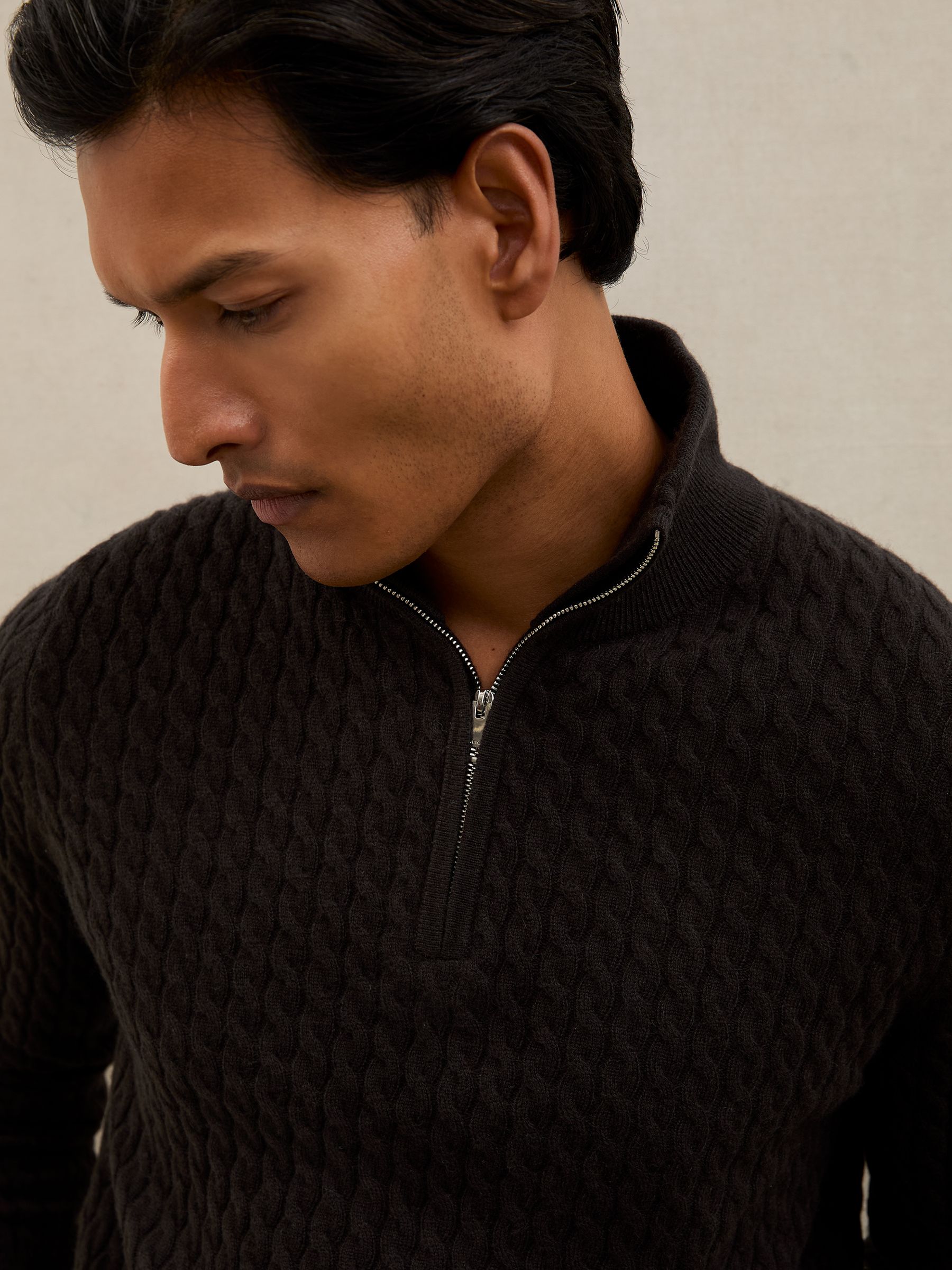 Atelier 100% Cashmere Cable Zip Jumper in Chocolate Brown