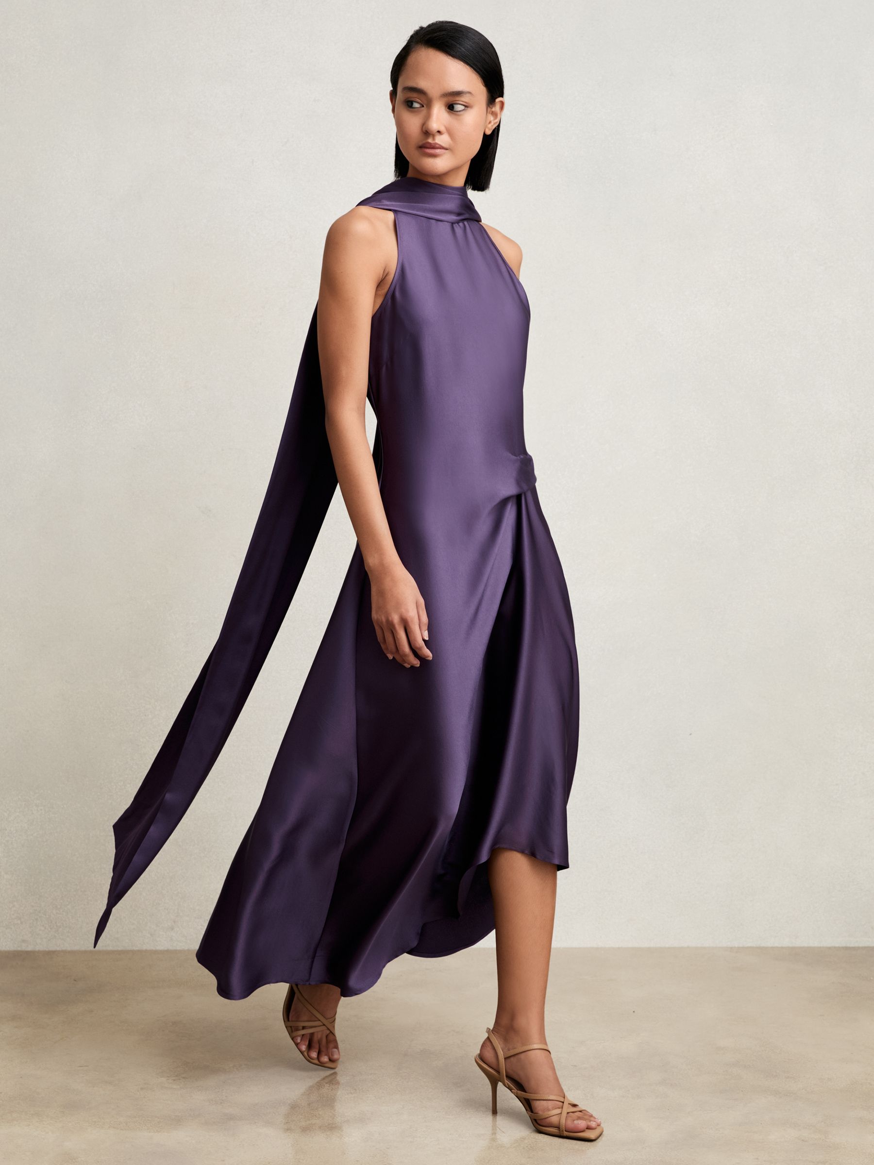 Petite Satin Tuck-Detail Cape Midi Dress in Purple