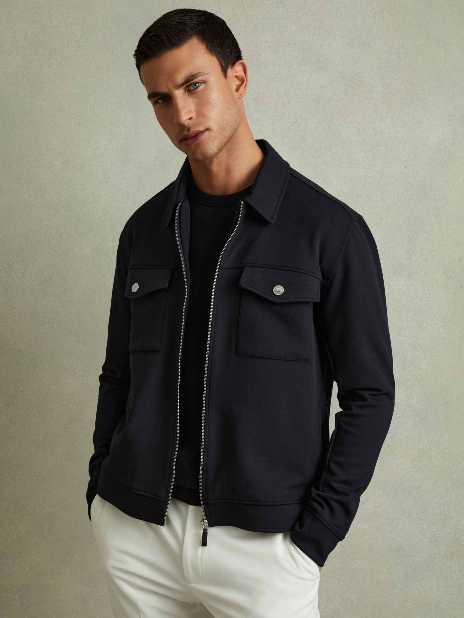 Interlock Jersey Zip-Through Jacket in Navy Blue