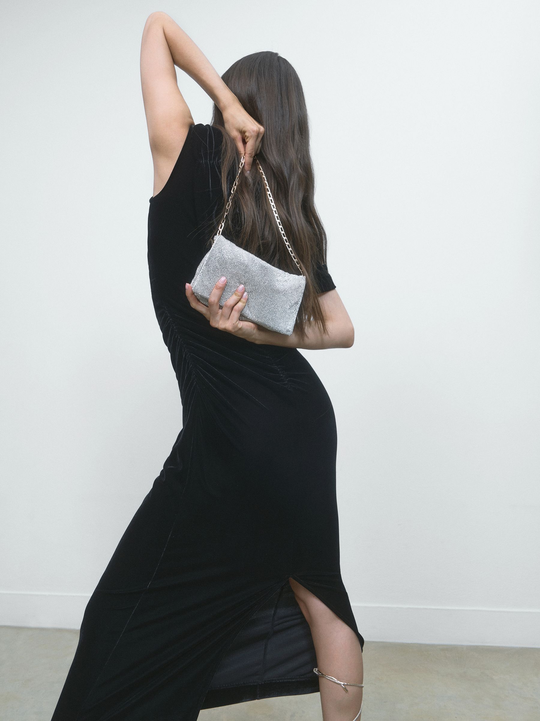 Velvet Draped-Neck Ruched Midi Dress in Black