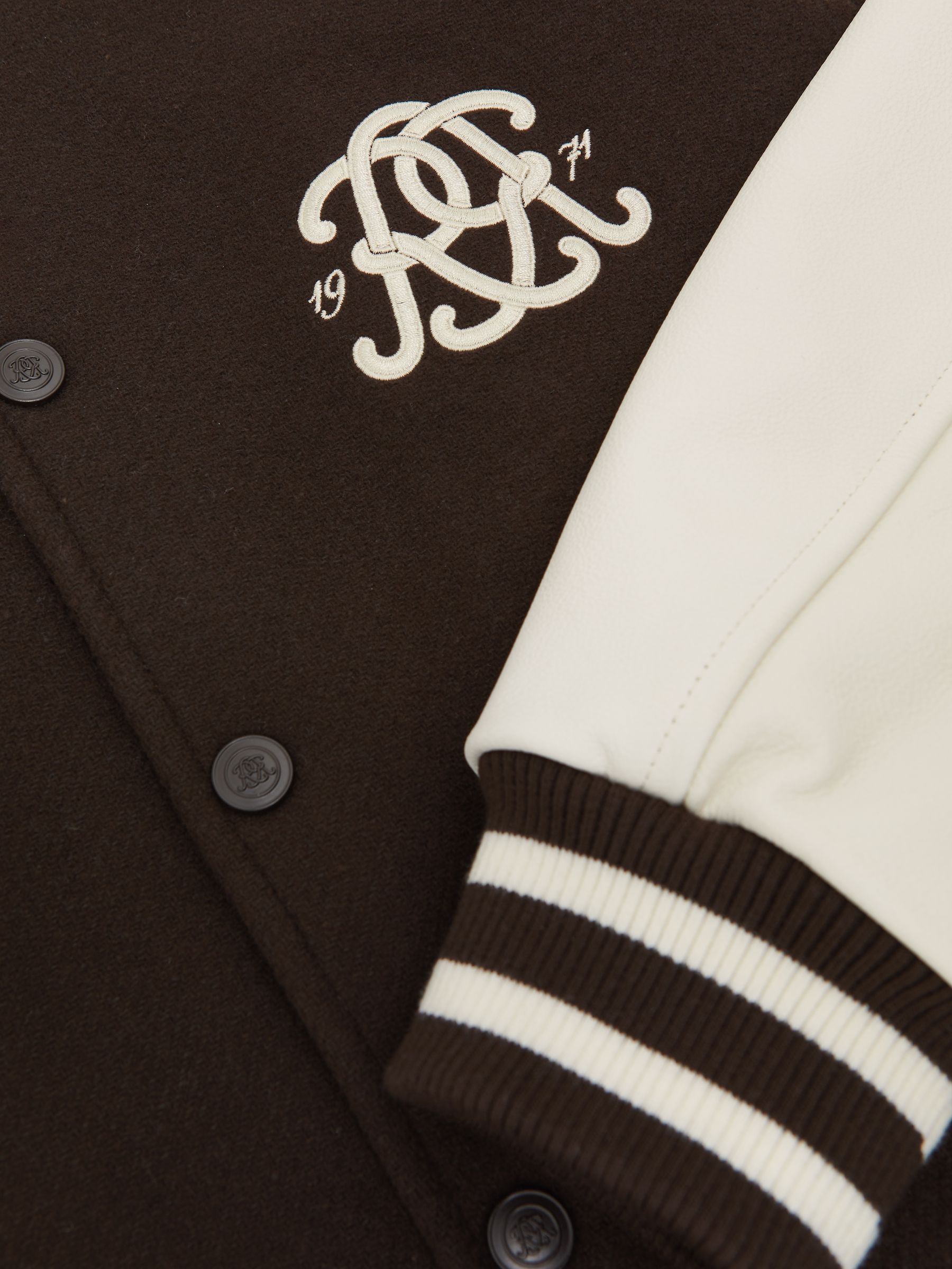 Monogram Leather-Sleeve Varsity Jacket in Brown/White