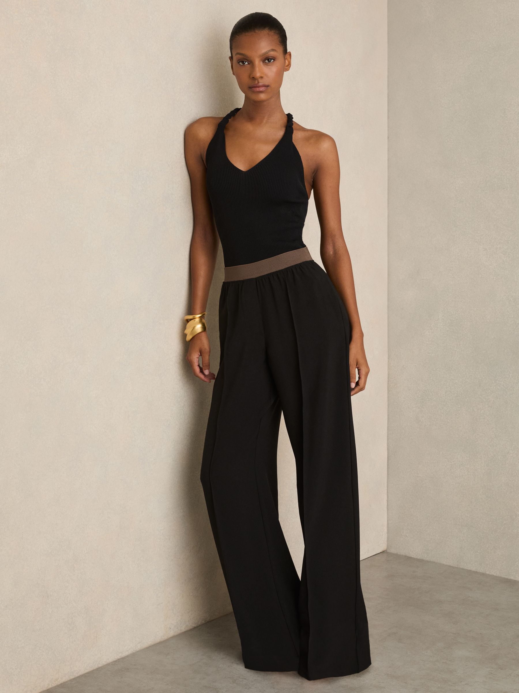 Wide-Leg Elasticated-Waist Trousers in Black