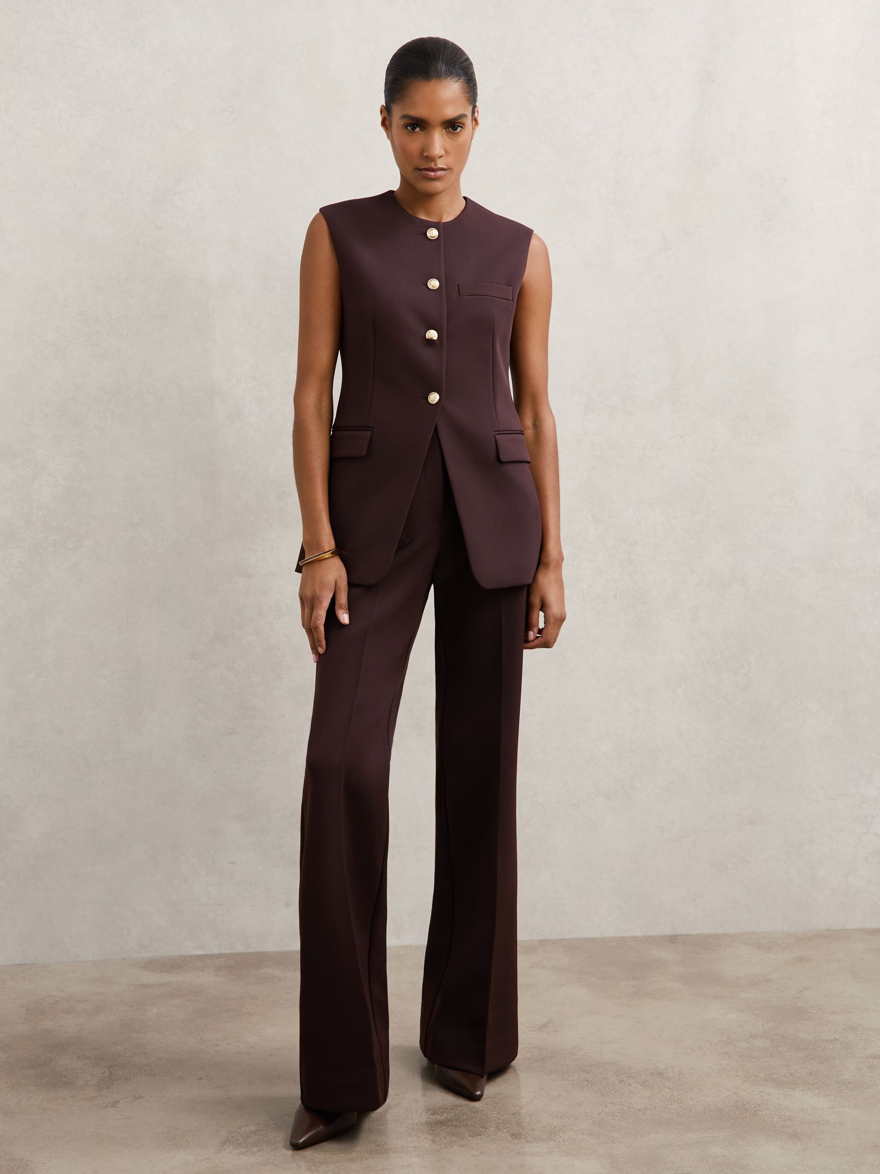 Petite Twill Patch-Pocket Flared Trousers in Chocolate Brown