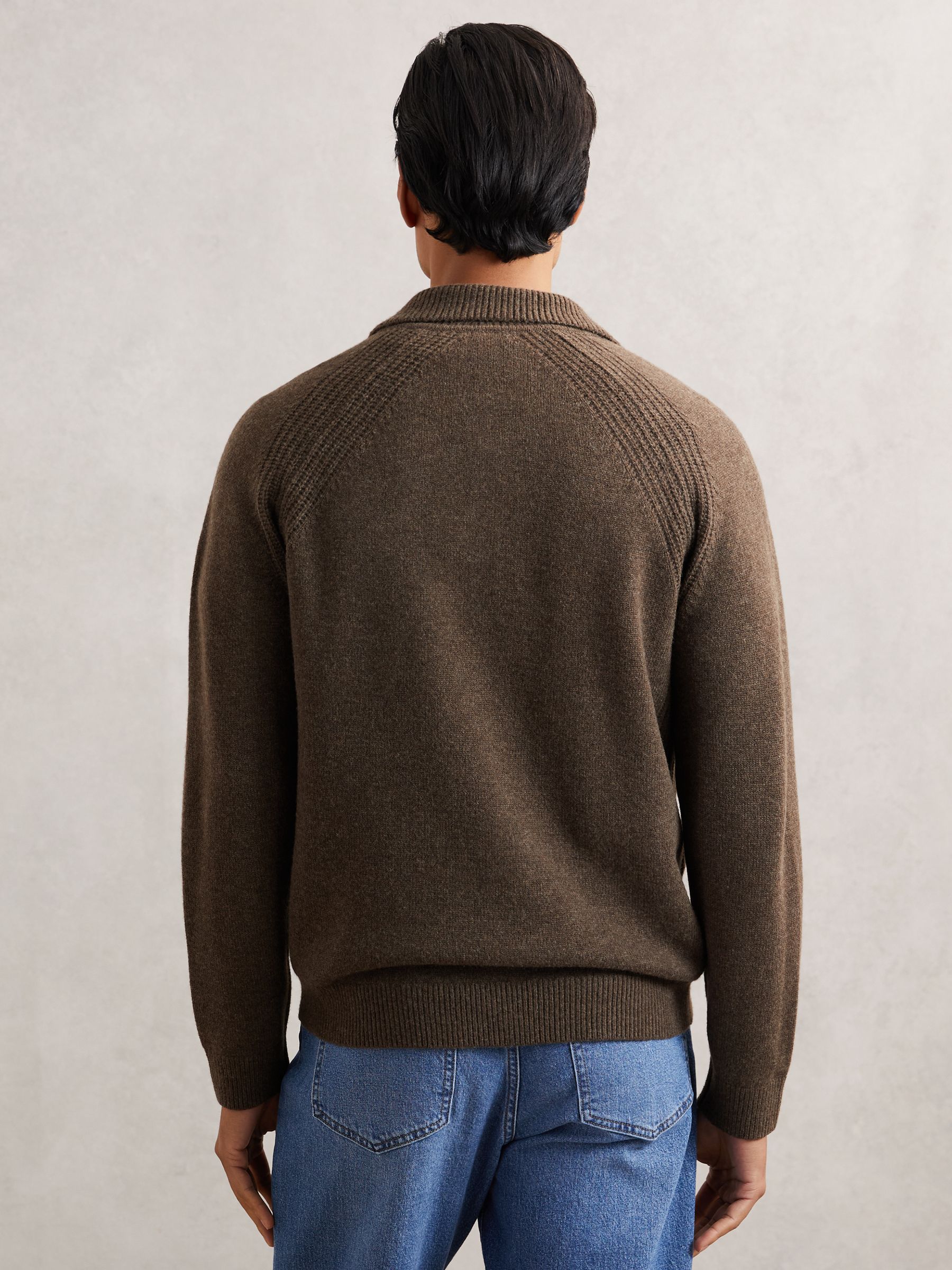 Wool-Cashmere Open-Collar Jumper in Pecan Brown