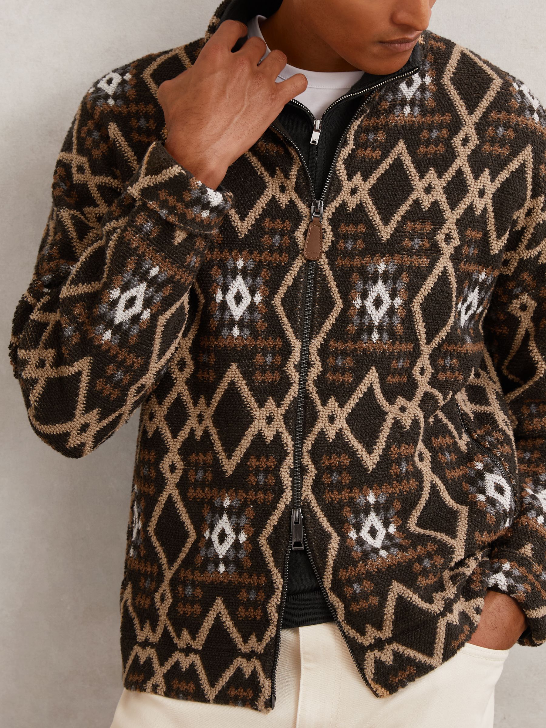 Geometric Fair Isle Zip-Through Jumper with Wool in Brown Multi