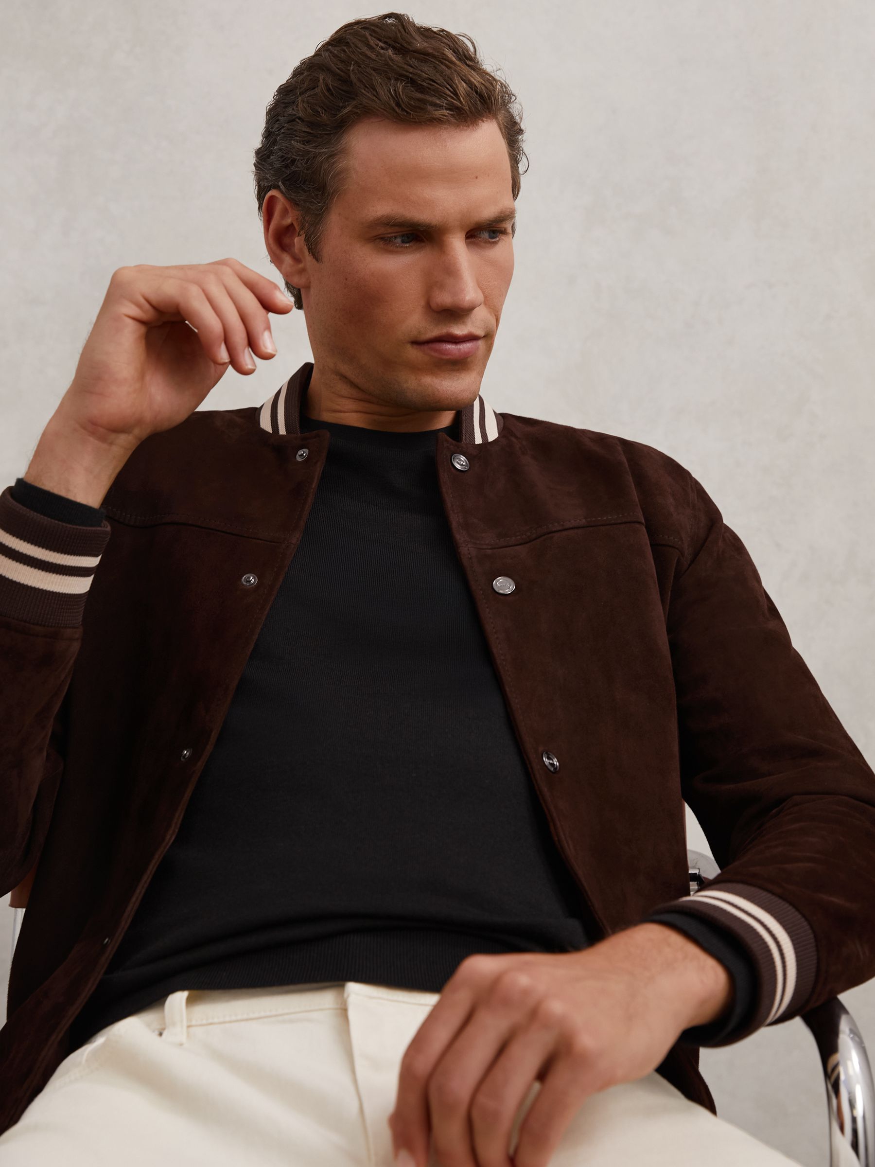 Suede Stripe-Trim Bomber Jacket in Chocolate Brown