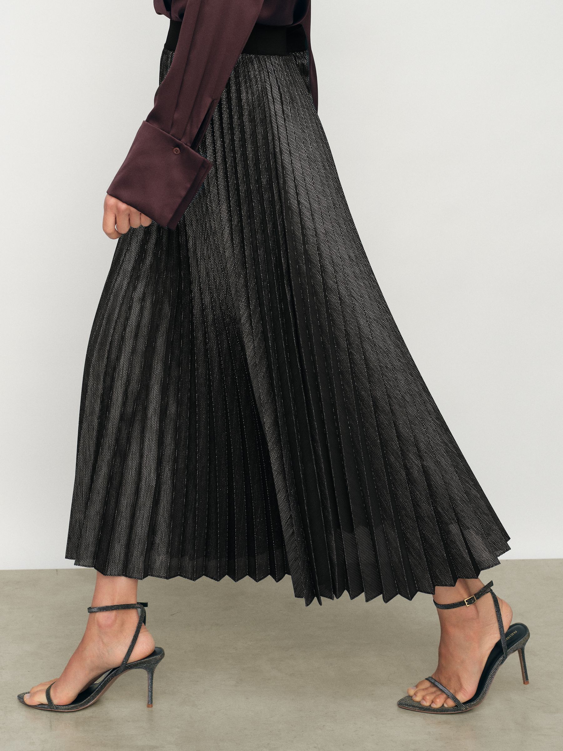 Metallic Pleated Midi Skirt in Charcoal Grey