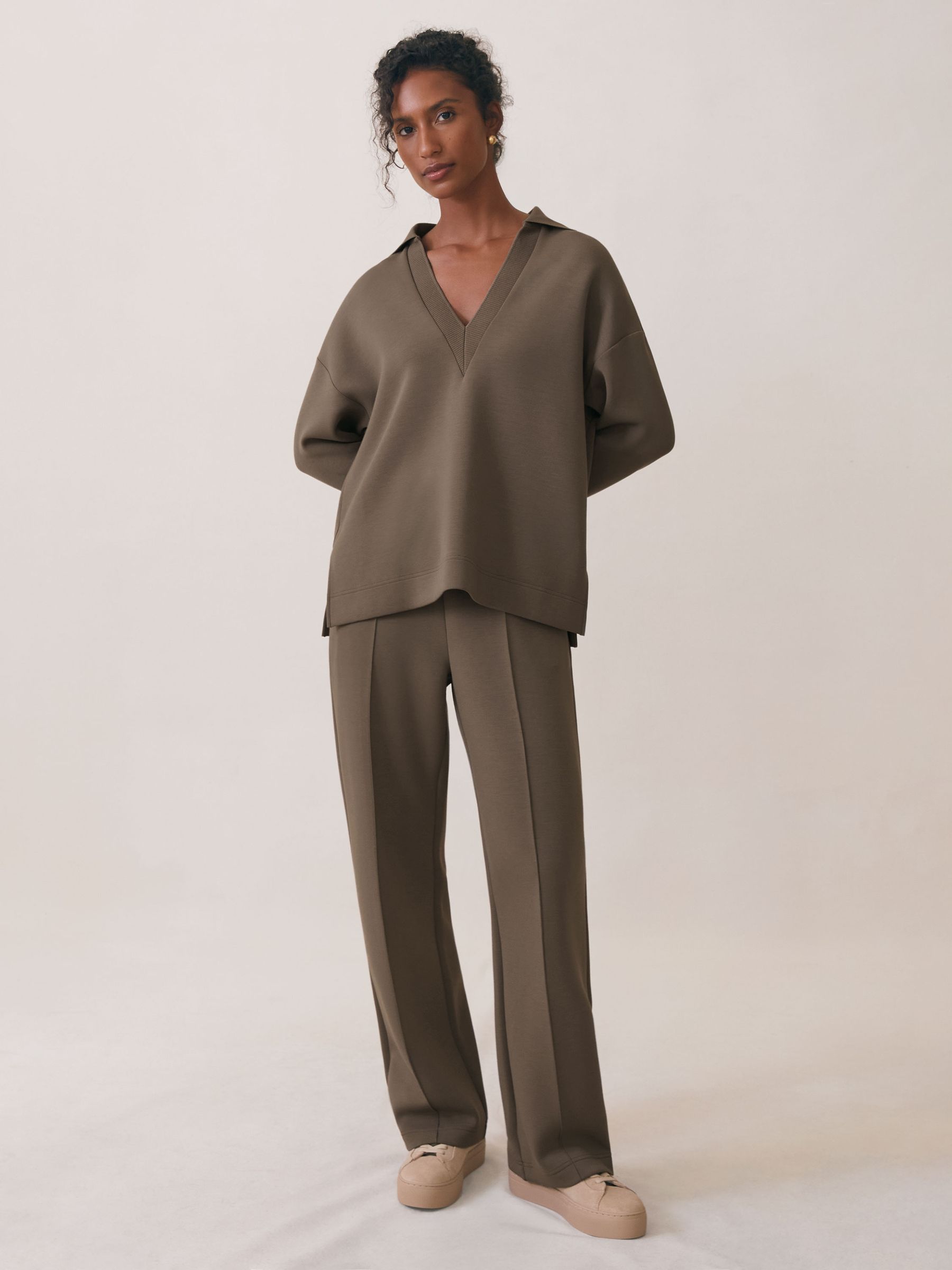 Interlock Open-Collar Sweatshirt in Khaki Green