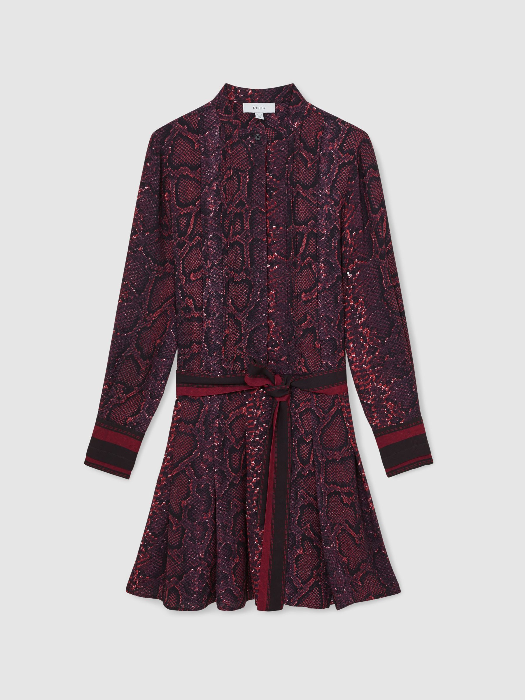 Snake-Print Belted Mini Dress in Burgundy/Black