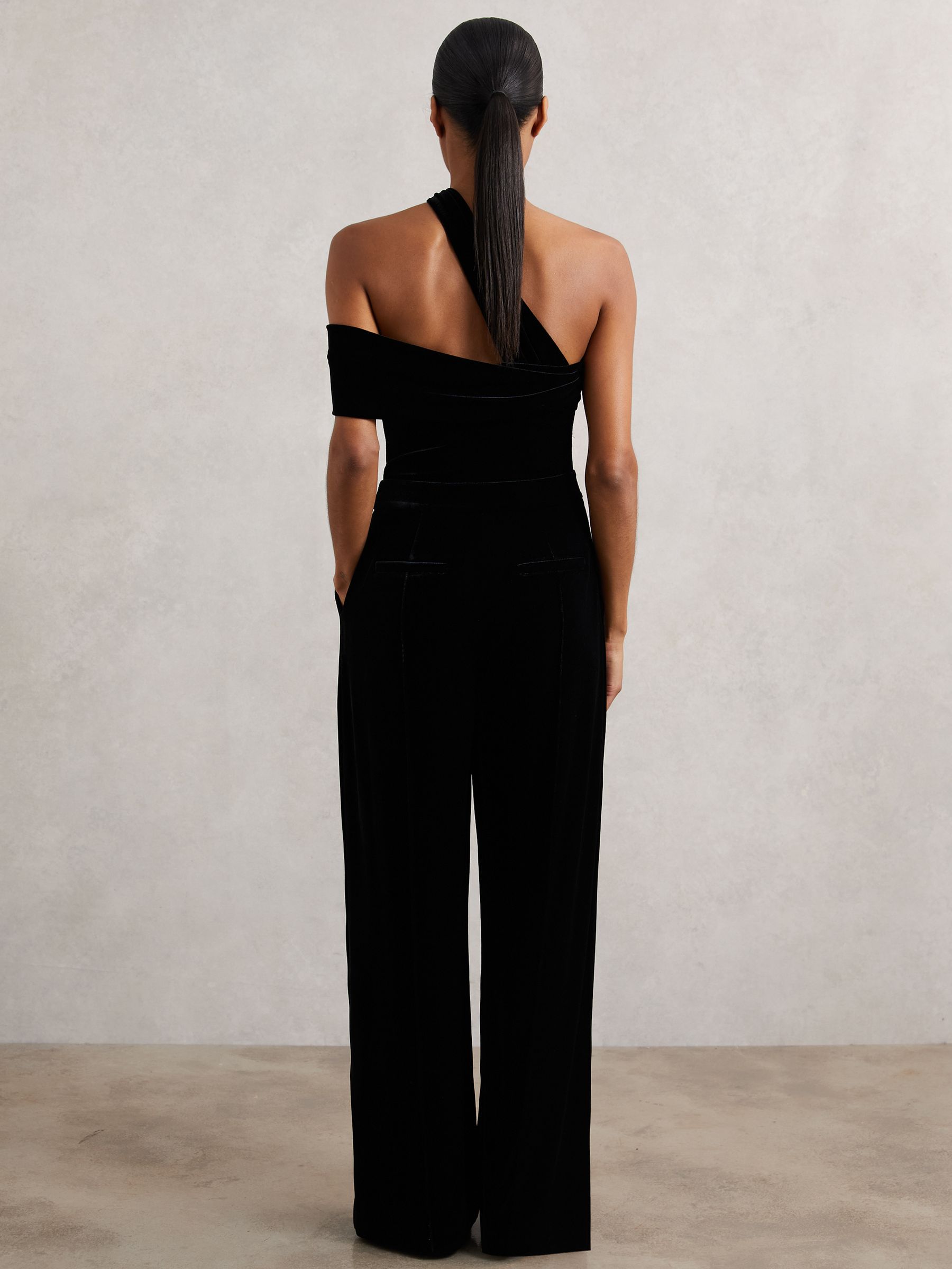 Petite Velvet One-Shoulder Wide-Leg Jumpsuit in Black