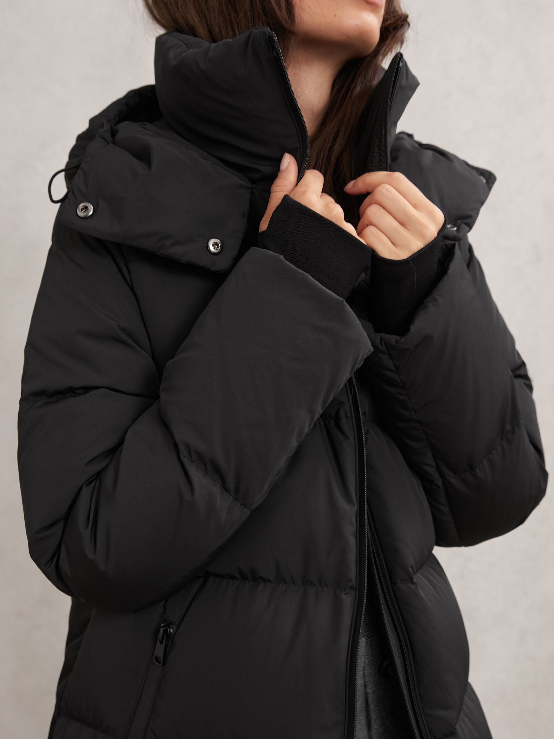 Belted Longline Hooded Puffer Coat in Black