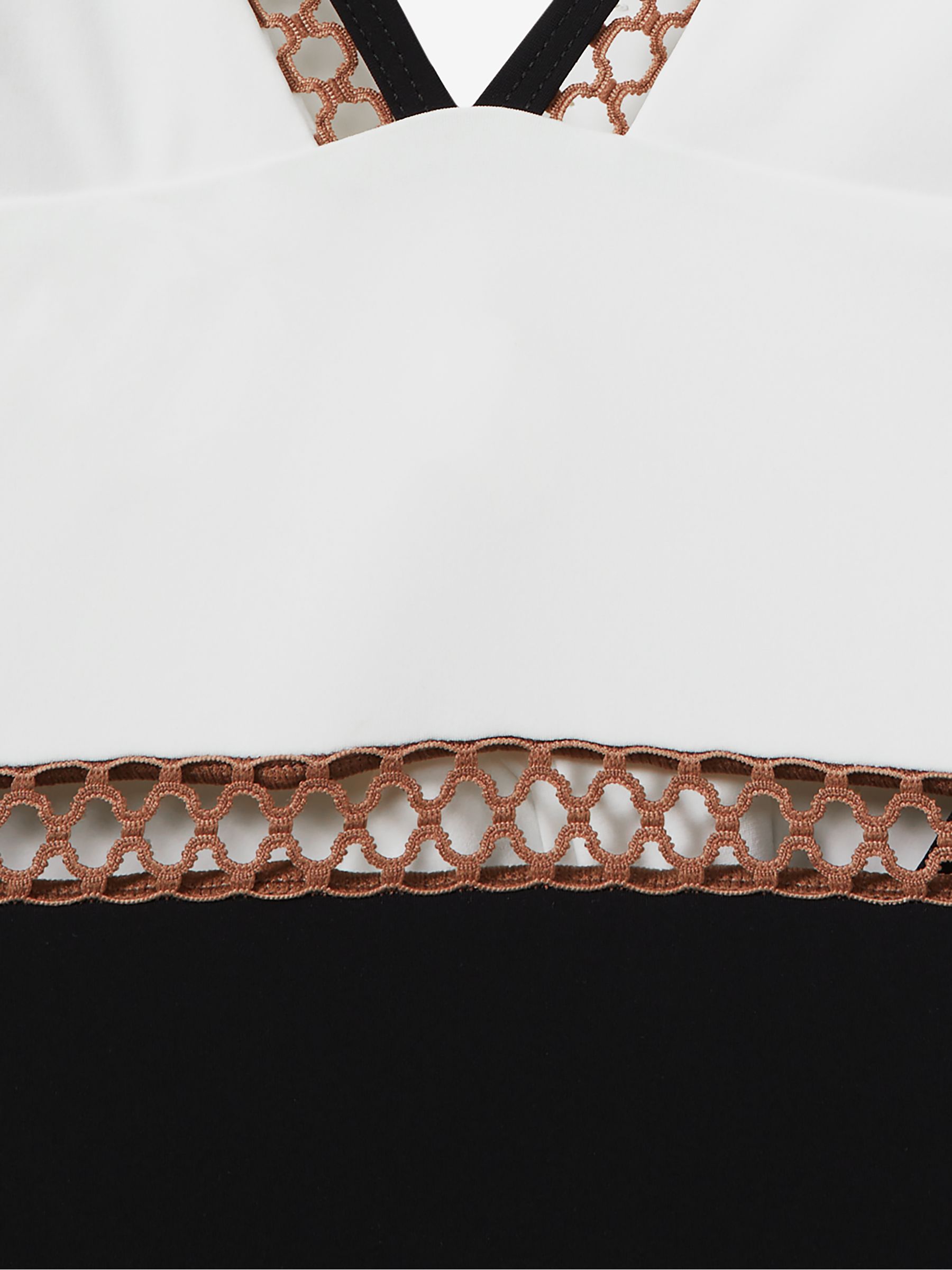 Colour-Block Lattice-Trim Swimsuit in White/Tan