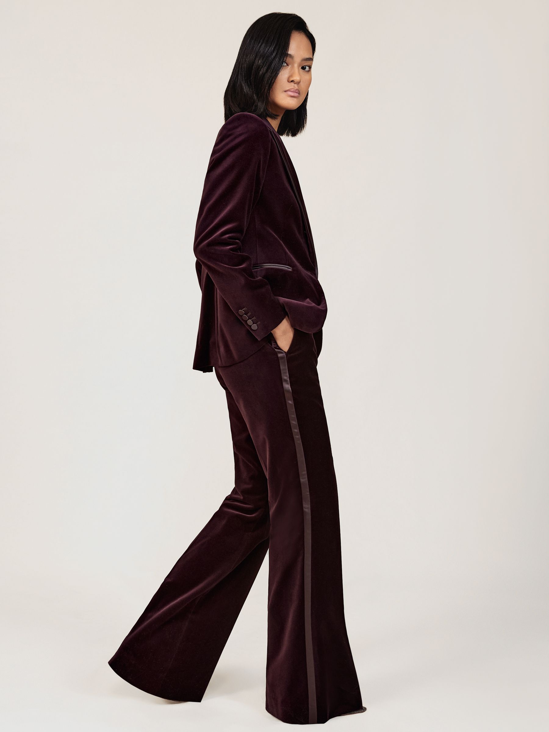 Petite Velvet Tuxedo-Stripe Flared Trousers in Burgundy