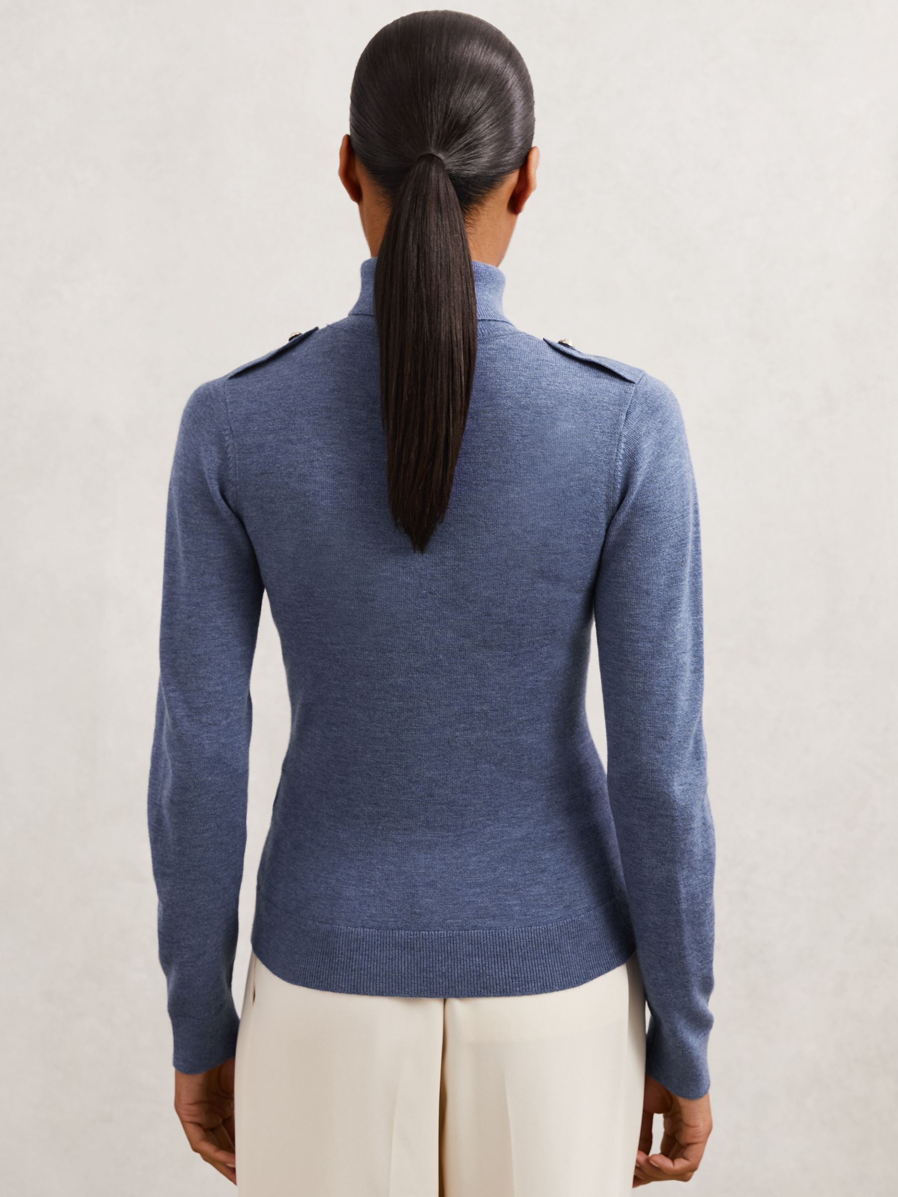 Wool Epaulette Roll-Neck Jumper in Blue