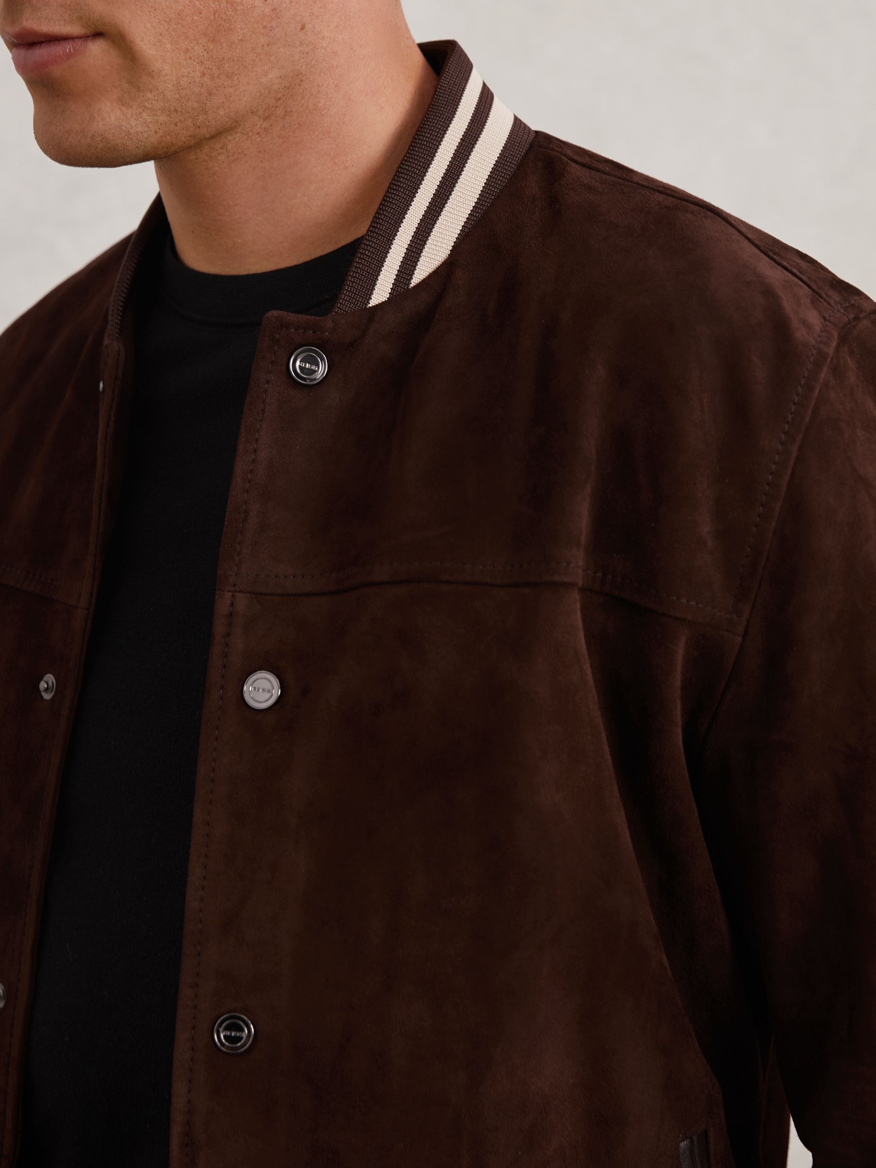 Suede Stripe-Trim Bomber Jacket in Chocolate Brown