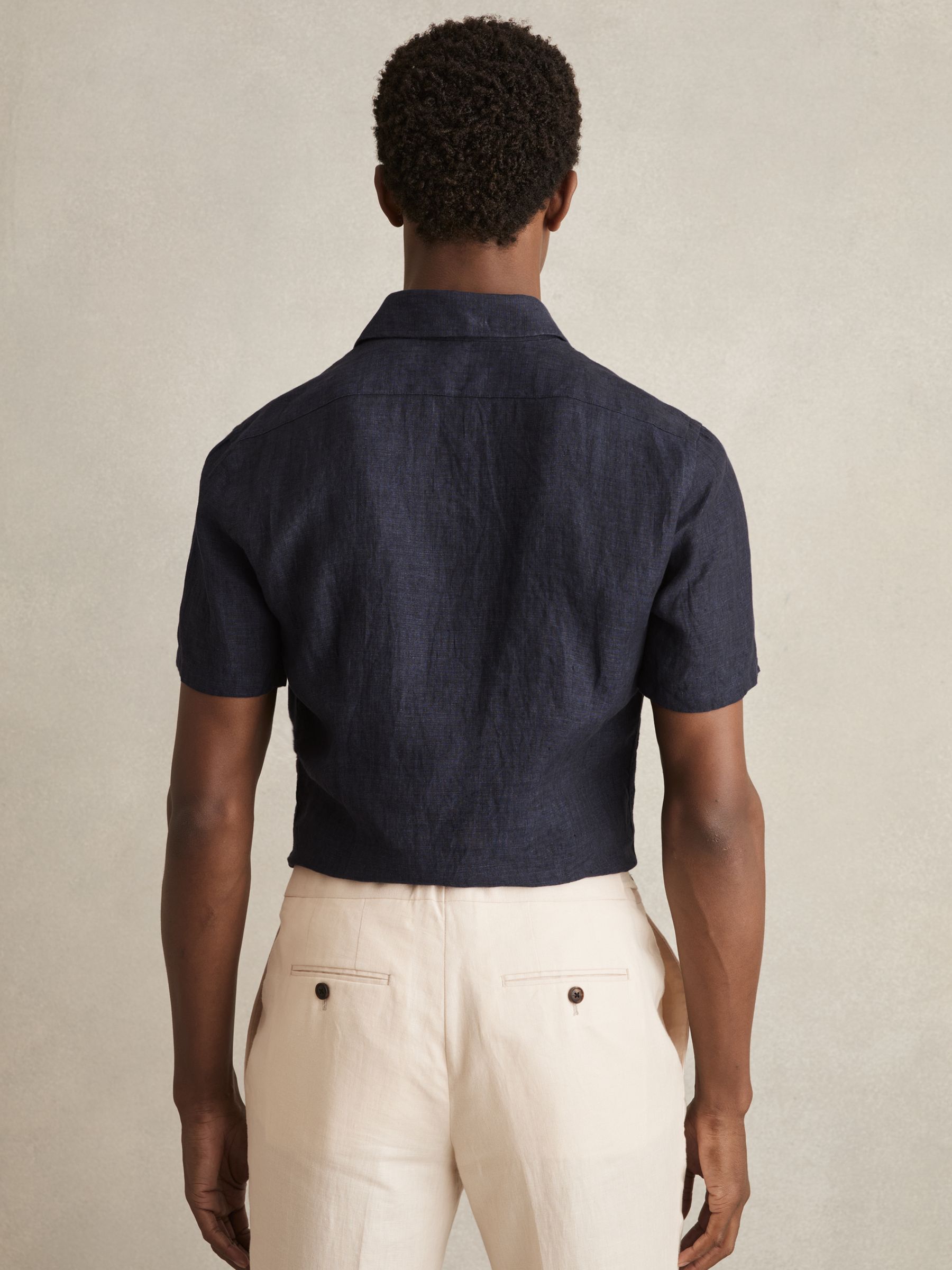 Slim Fit Linen Button-Through Shirt in Navy