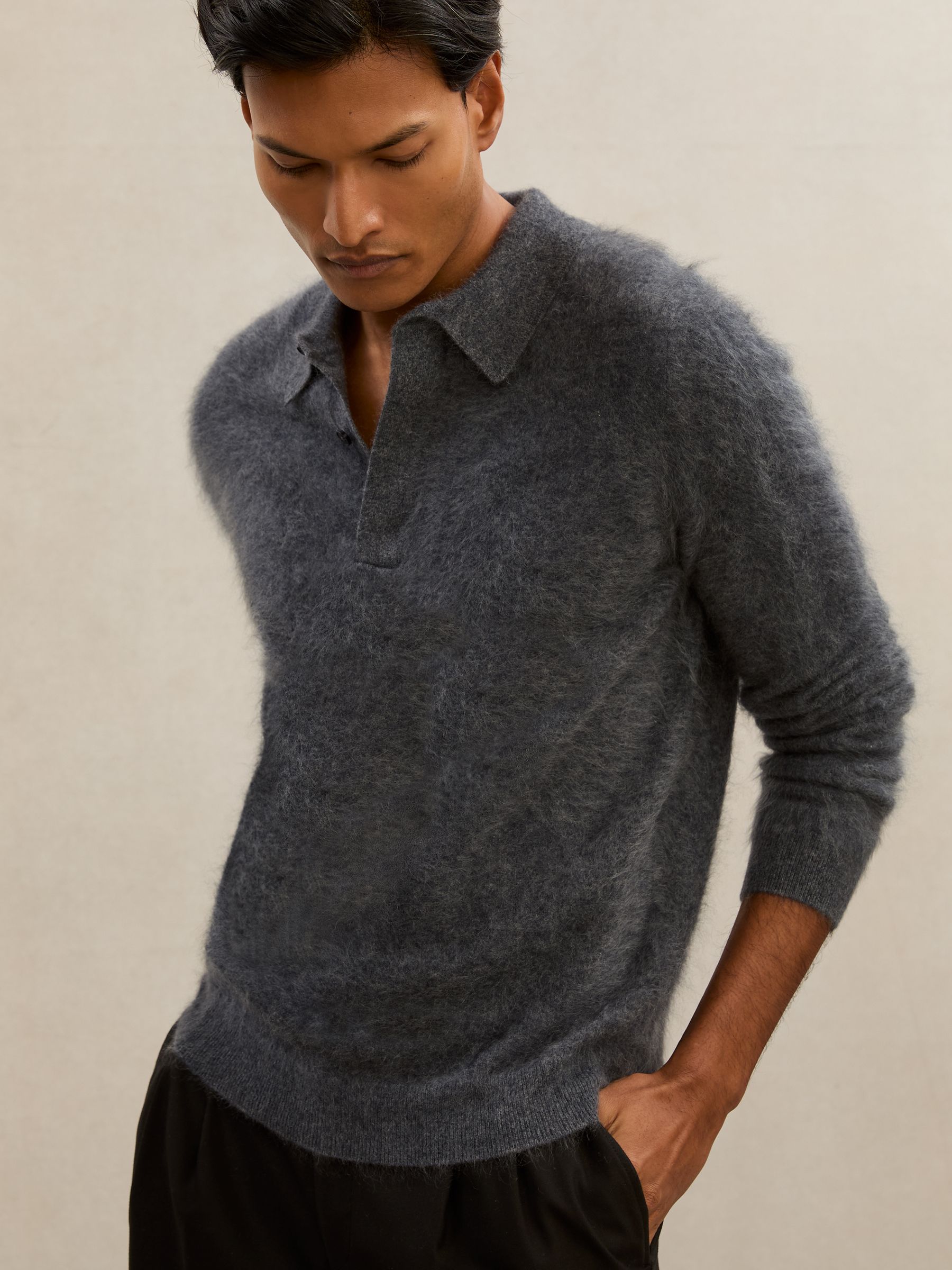 Atelier Brushed-Cashmere Polo Jumper in Mid Grey