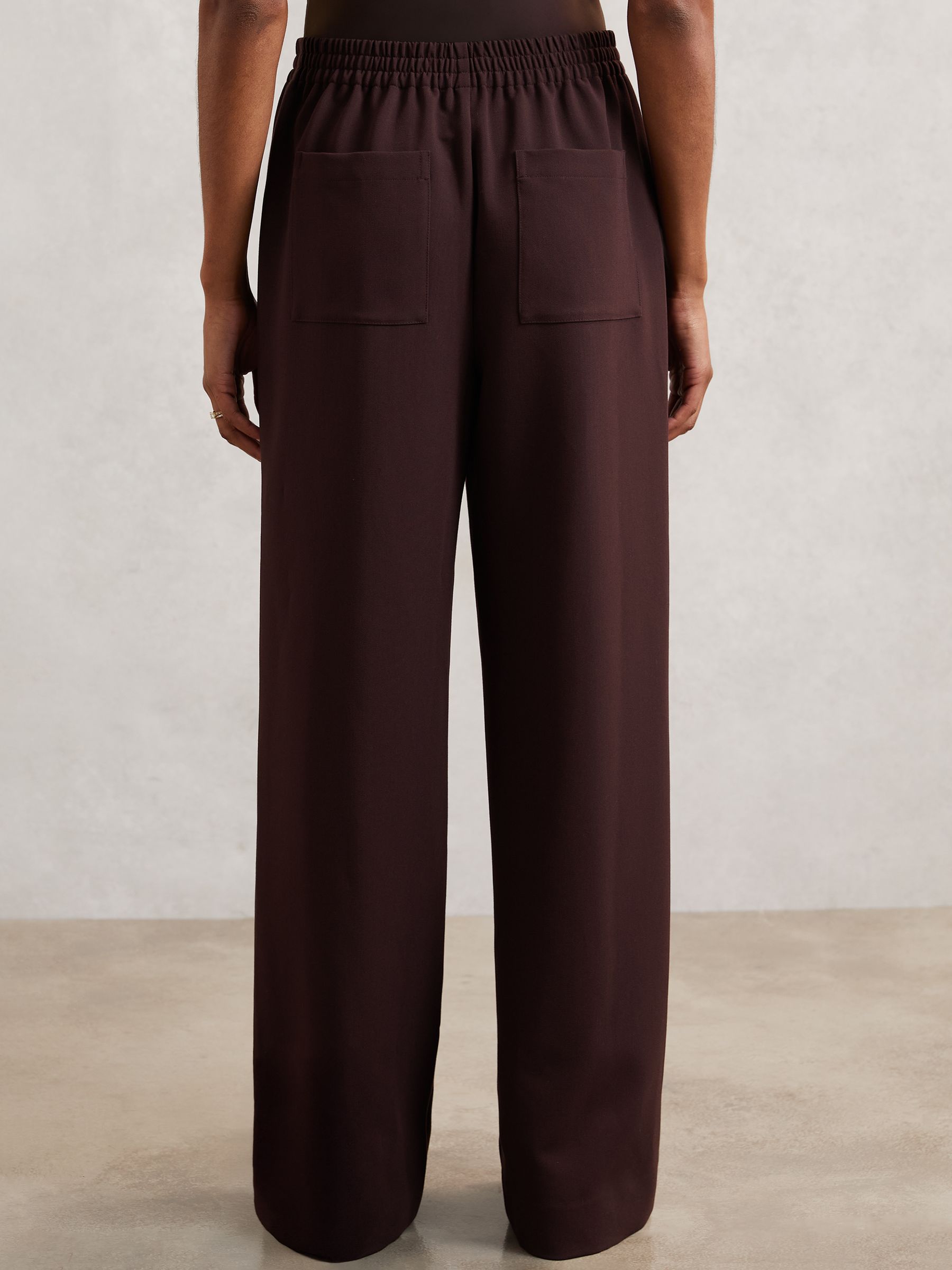 Petite Wide Leg Elasticated Waist Trousers in Burgundy