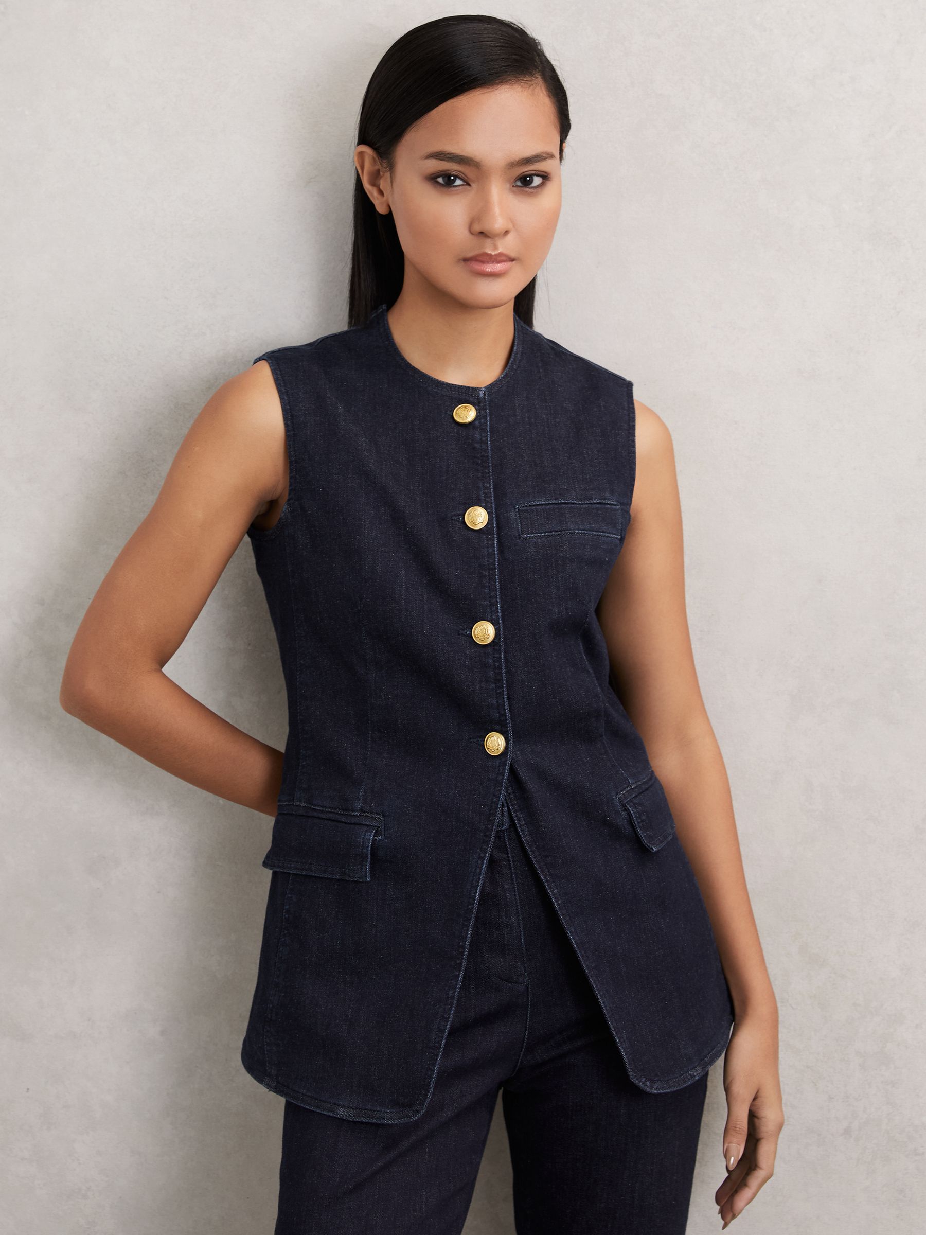 Denim Long-Line Waistcoat in Dark Blue