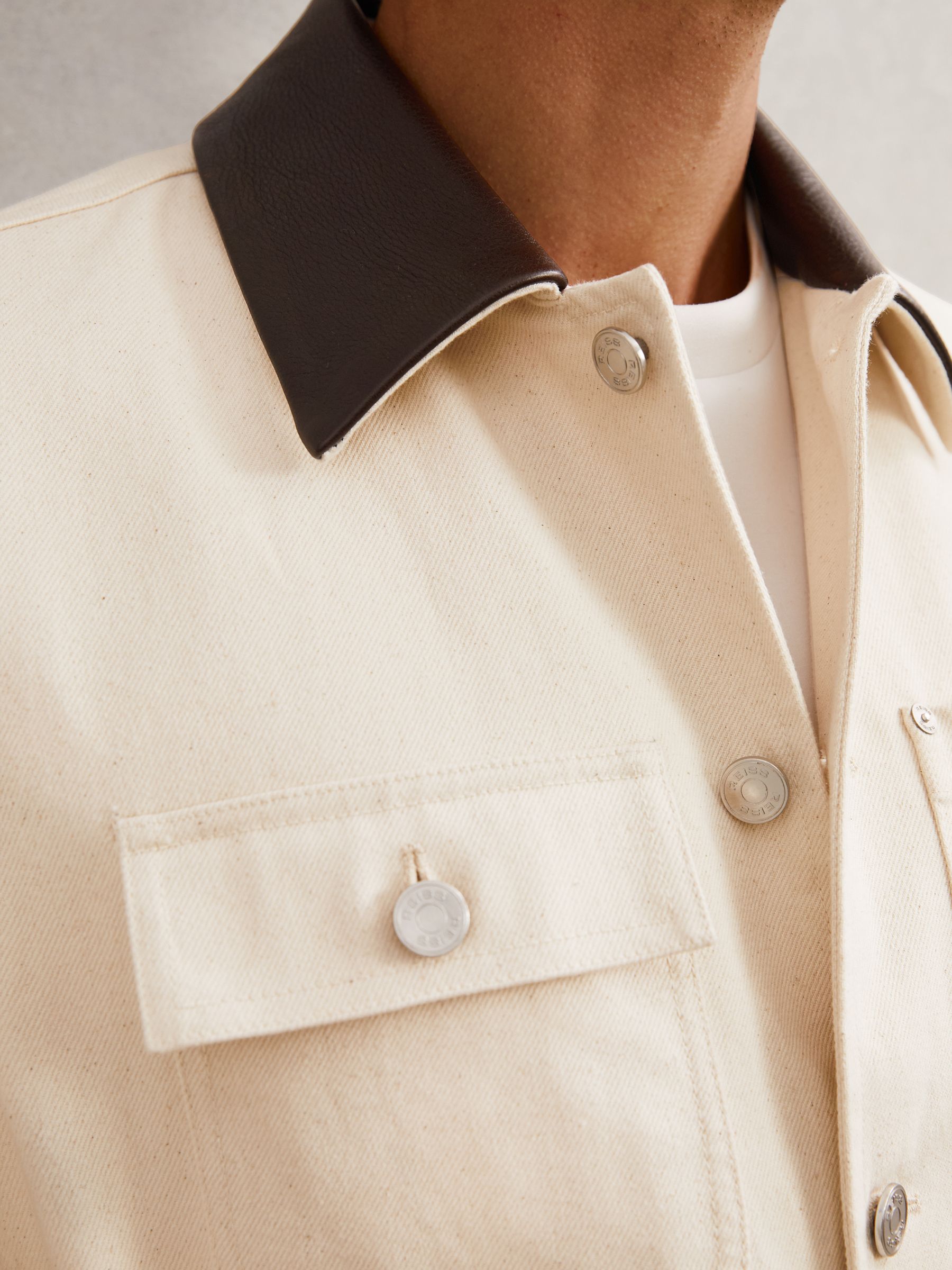 Denim Leather-Collar Worker Jacket in Off White