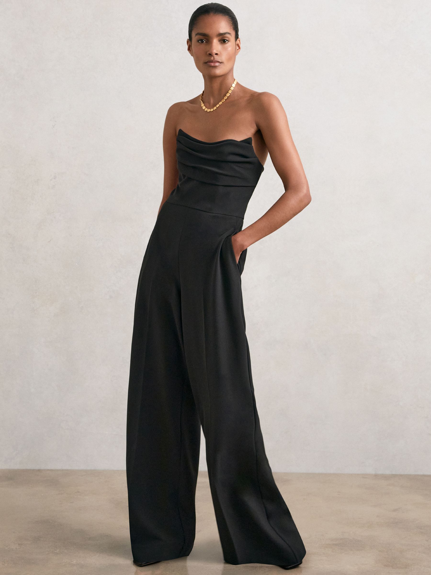 Structured Strapless Wide-Leg Jumpsuit in Black
