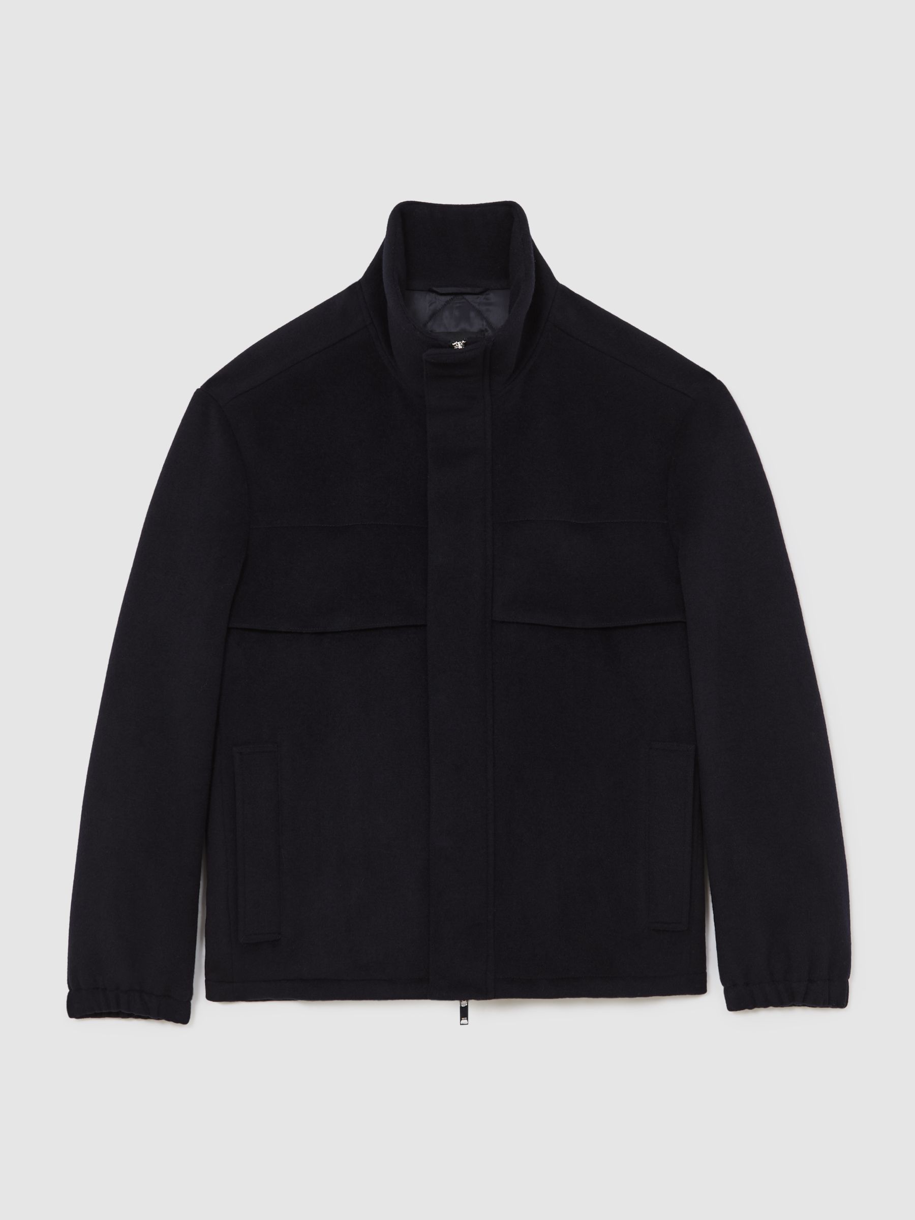 Wool-Blend Funnel-Neck Zip Jacket in Navy
