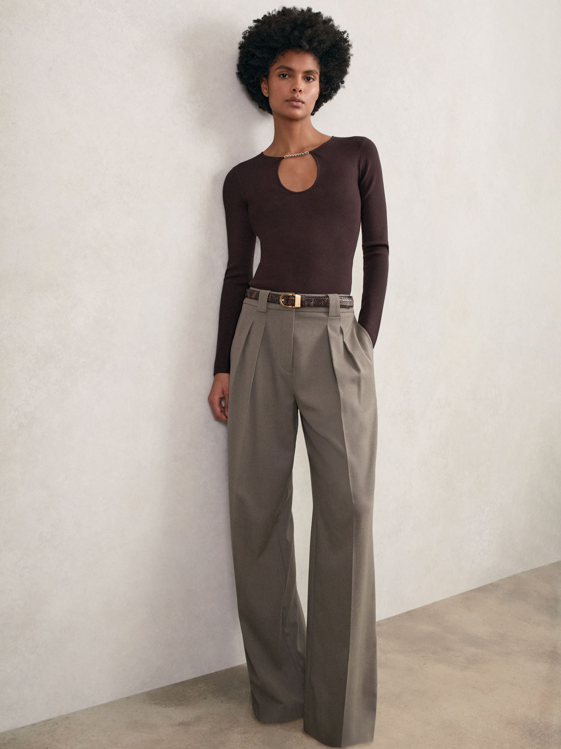 Chain-Detail Keyhole Knit Top in Navy