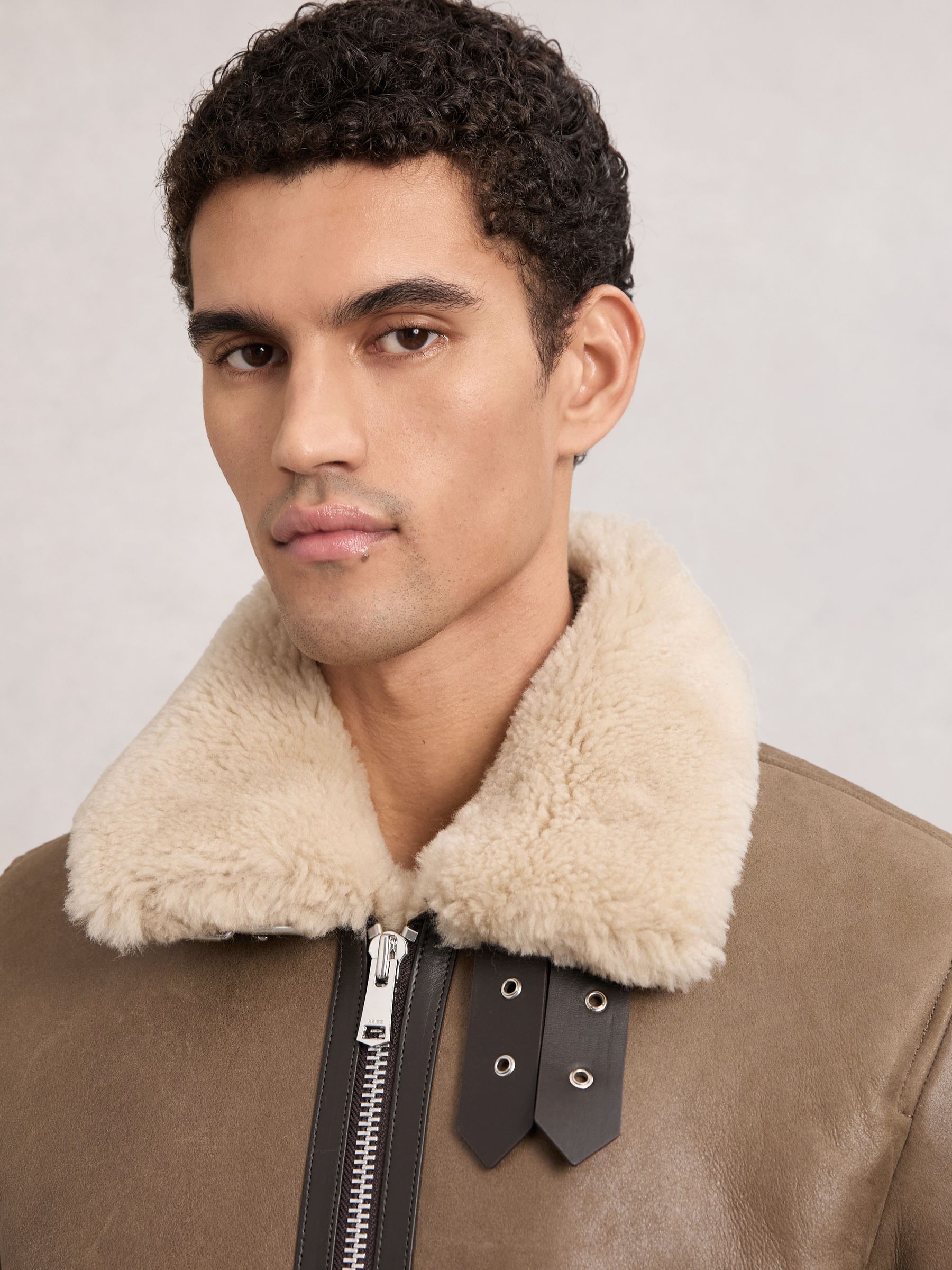 Shearling-Collar Leather Jacket in Light Brown