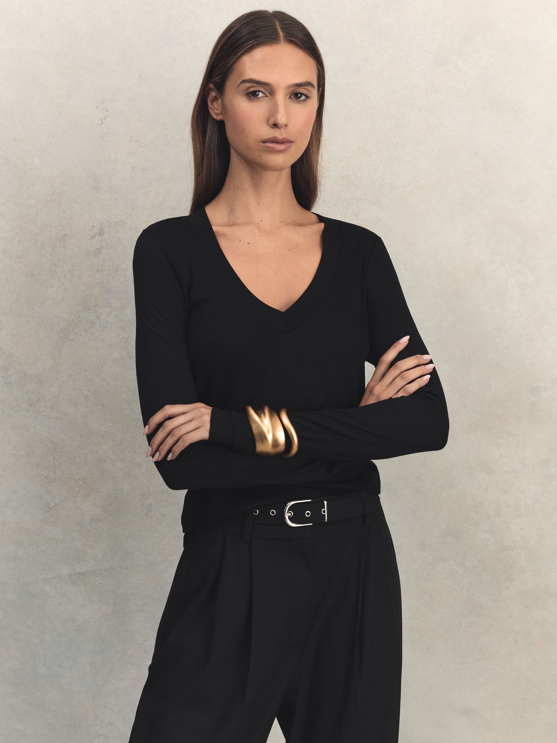 Jersey V-Neck Top in Camel