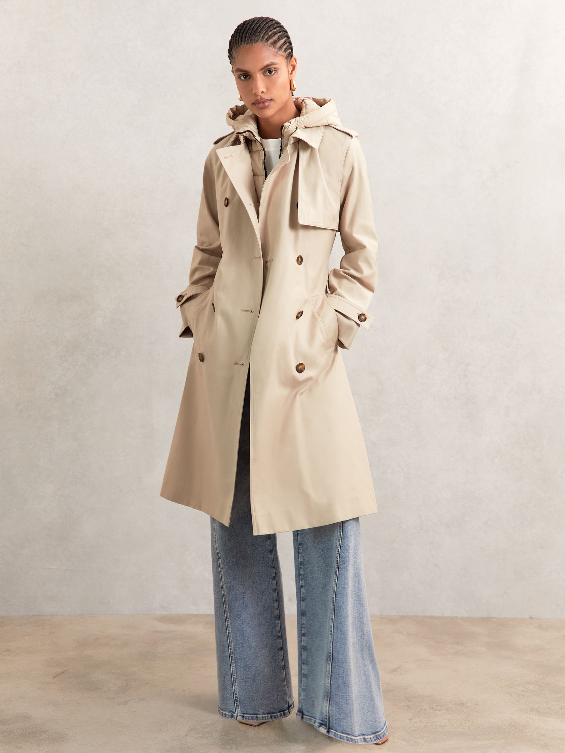 Petite Hooded Insert Trench Coat in Stone