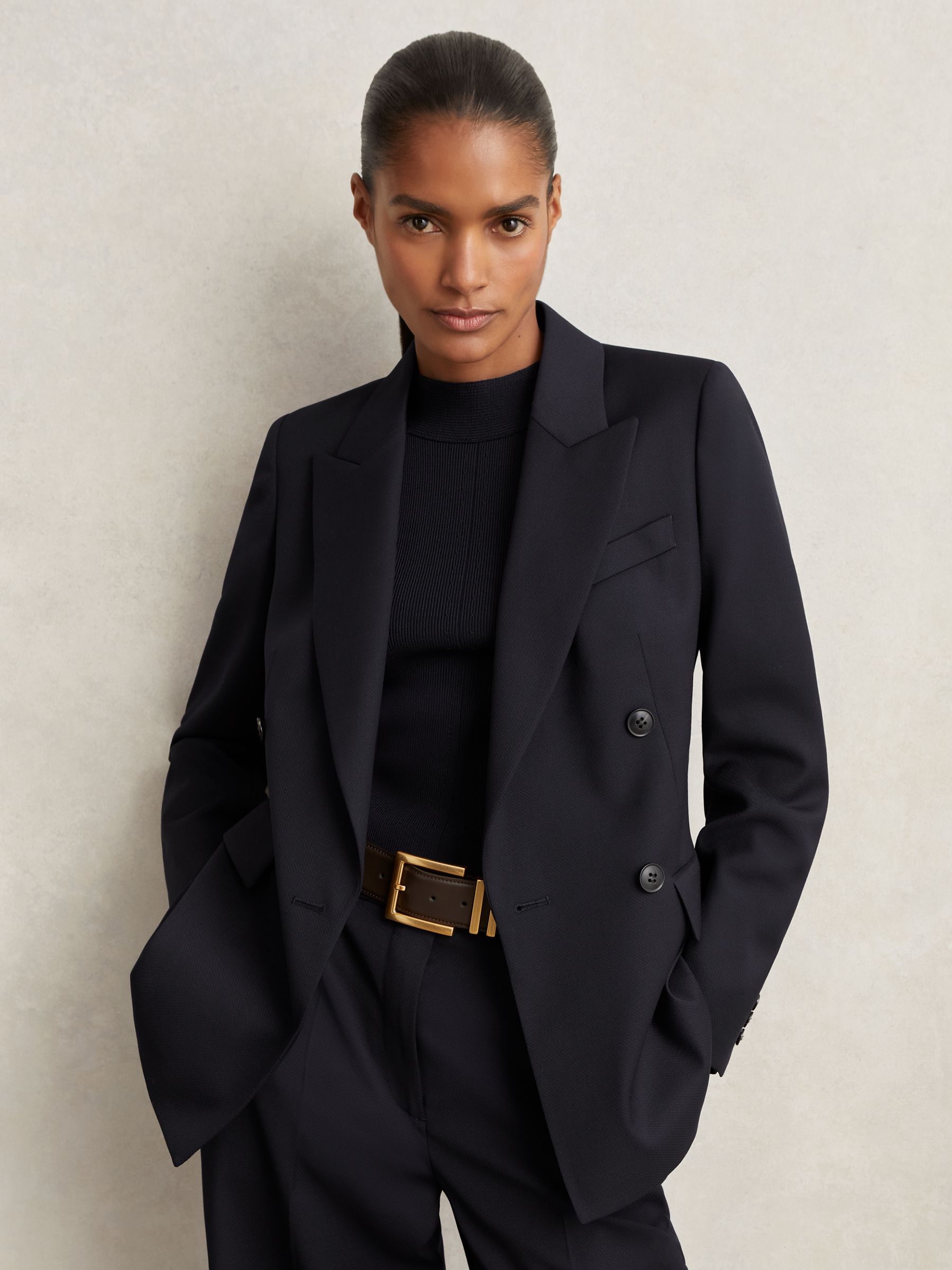 Petite Wool Blend Double Breasted Suit Blazer in Navy