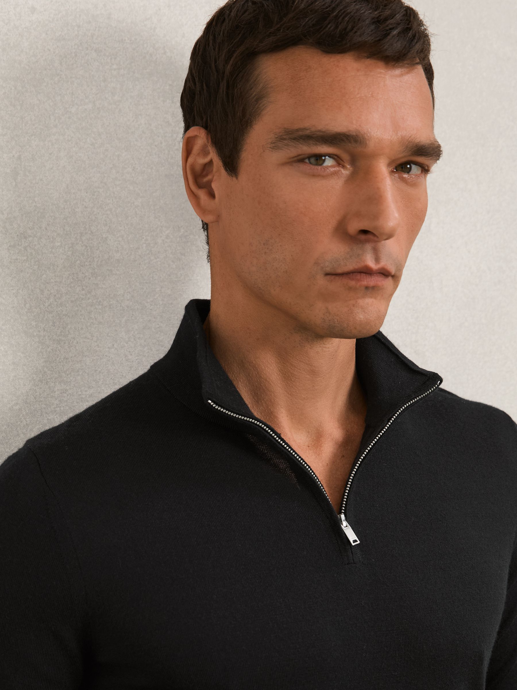 Merino Wool Half-Zip Funnel Neck Jumper in Black
